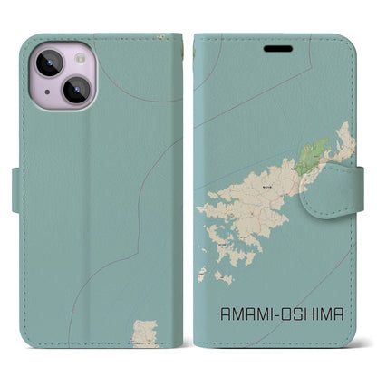 【奄美大島（鹿児島県）】地図柄iPhoneケース（手帳タイプ）ナチュラル・iPhone 14 用