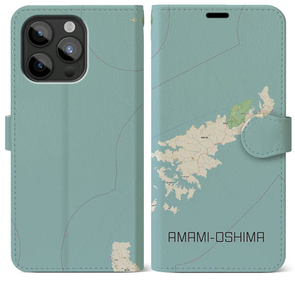 【奄美大島（鹿児島県）】地図柄iPhoneケース（手帳タイプ）ナチュラル・iPhone 15 Pro Max 用