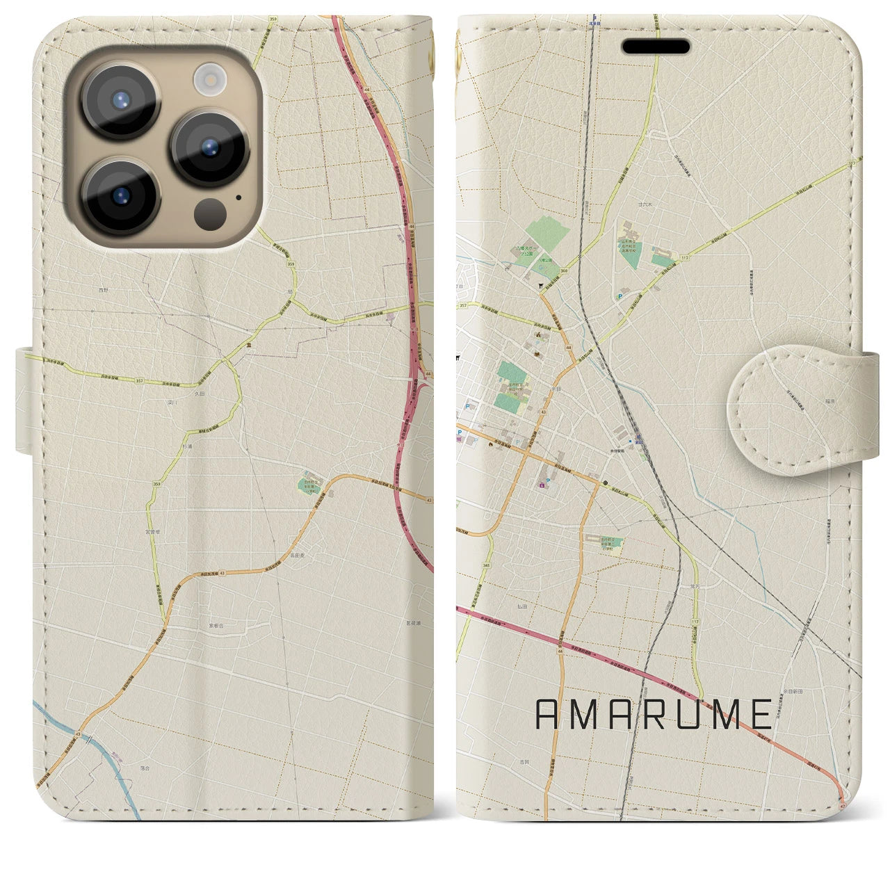 【余目】地図柄iPhoneケース（手帳両面タイプ・ナチュラル）iPhone 14 Pro Max 用