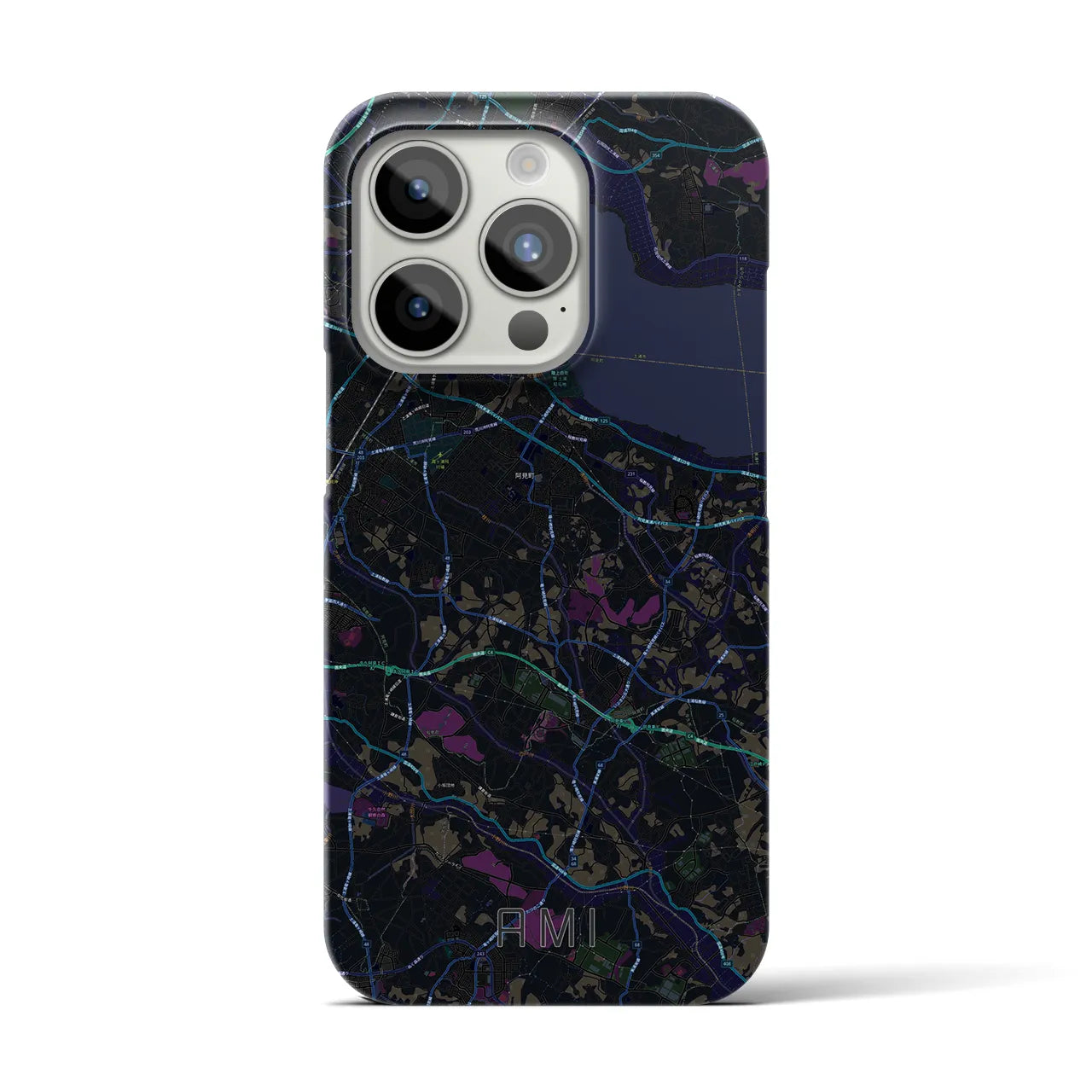 【阿見】地図柄iPhoneケース（バックカバータイプ・ブラック）iPhone 15 Pro 用