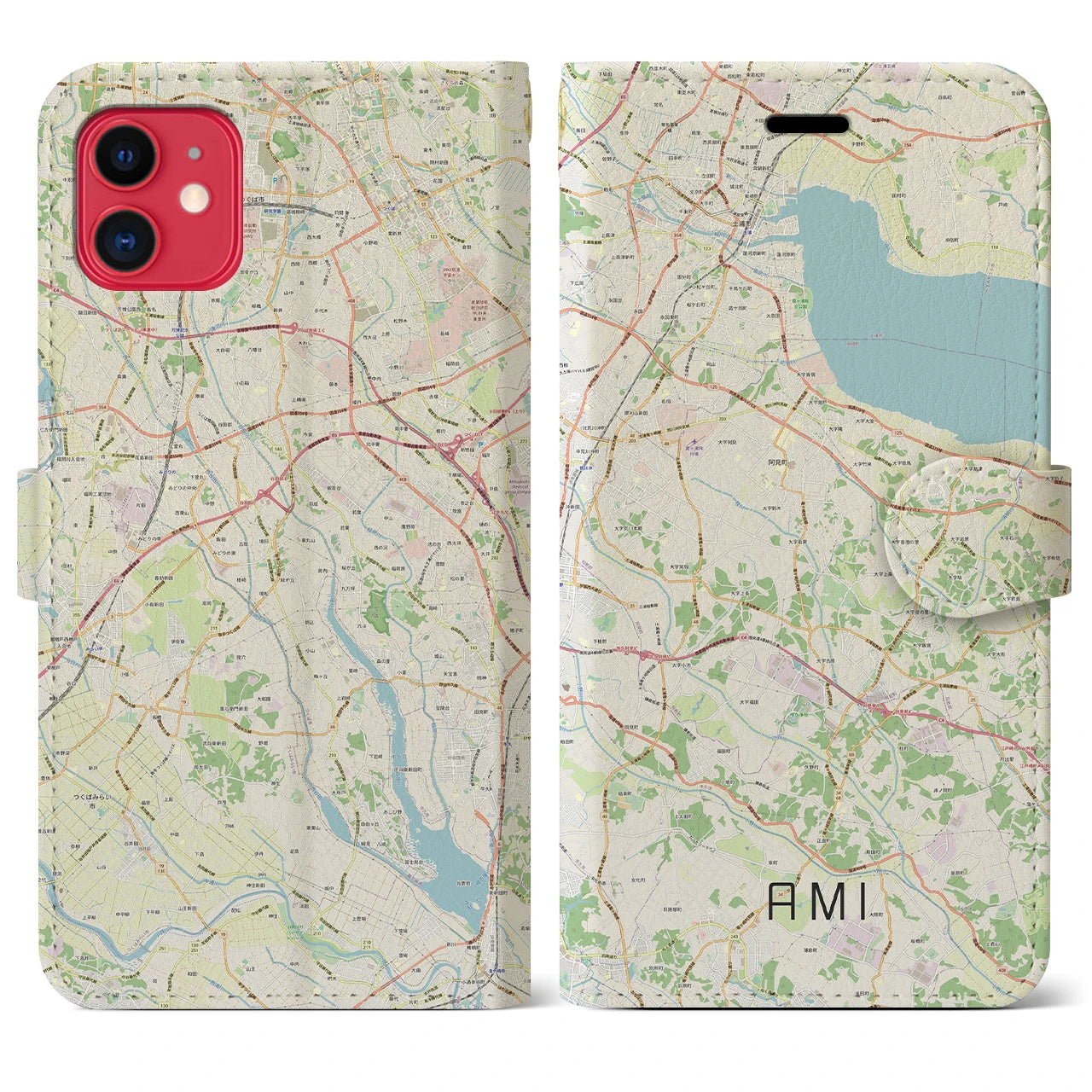 【阿見】地図柄iPhoneケース（手帳両面タイプ・ナチュラル）iPhone 11 用