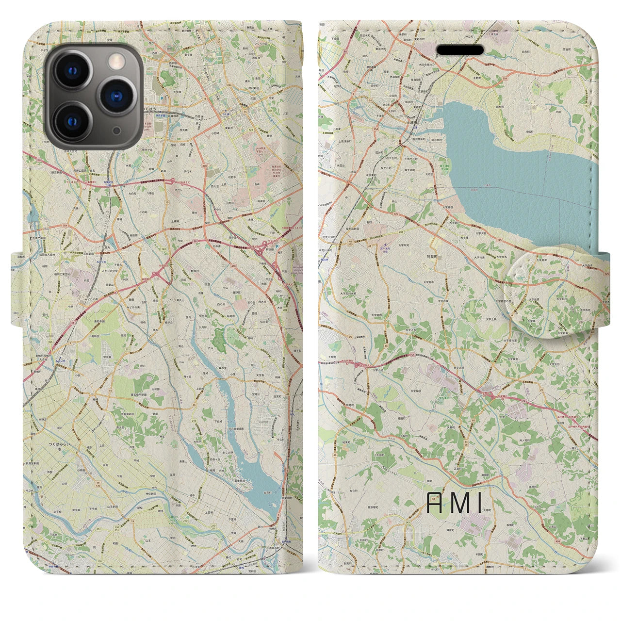 【阿見】地図柄iPhoneケース（手帳両面タイプ・ナチュラル）iPhone 11 Pro Max 用