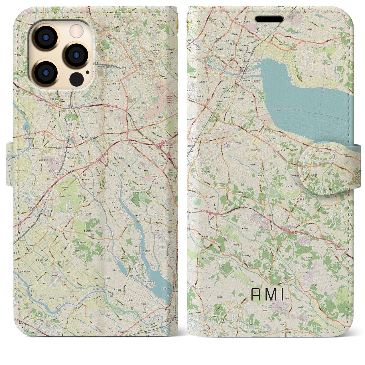 【阿見】地図柄iPhoneケース（手帳両面タイプ・ナチュラル）iPhone 12 Pro Max 用