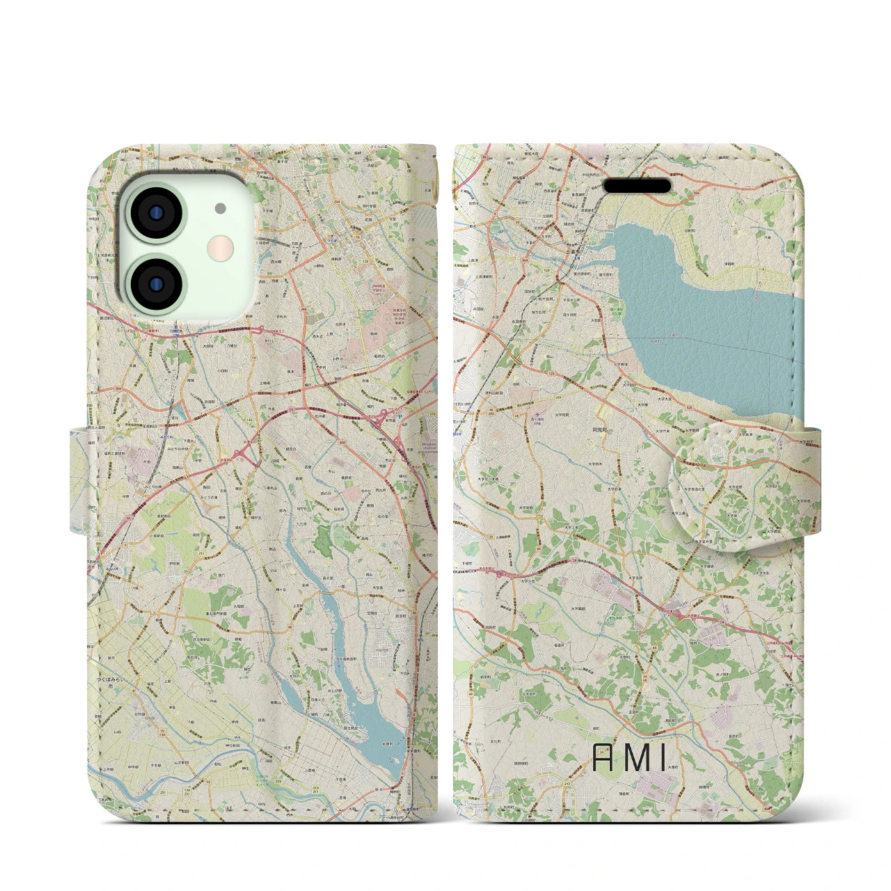 【阿見】地図柄iPhoneケース（手帳両面タイプ・ナチュラル）iPhone 12 mini 用