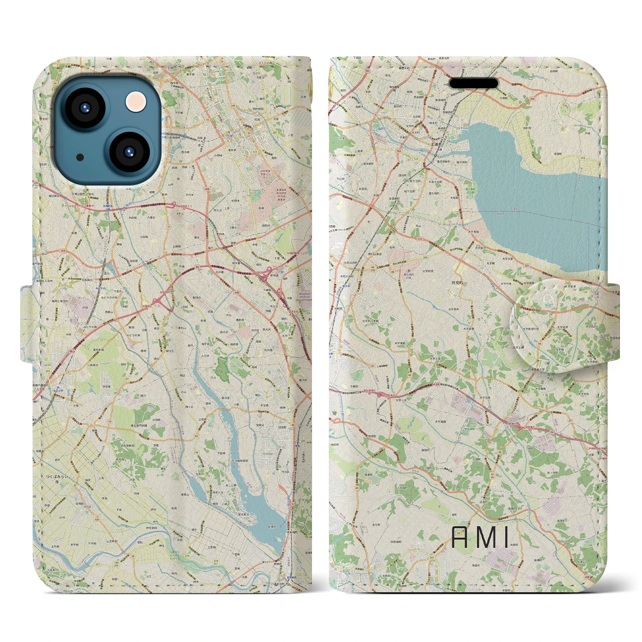 【阿見】地図柄iPhoneケース（手帳両面タイプ・ナチュラル）iPhone 13 用