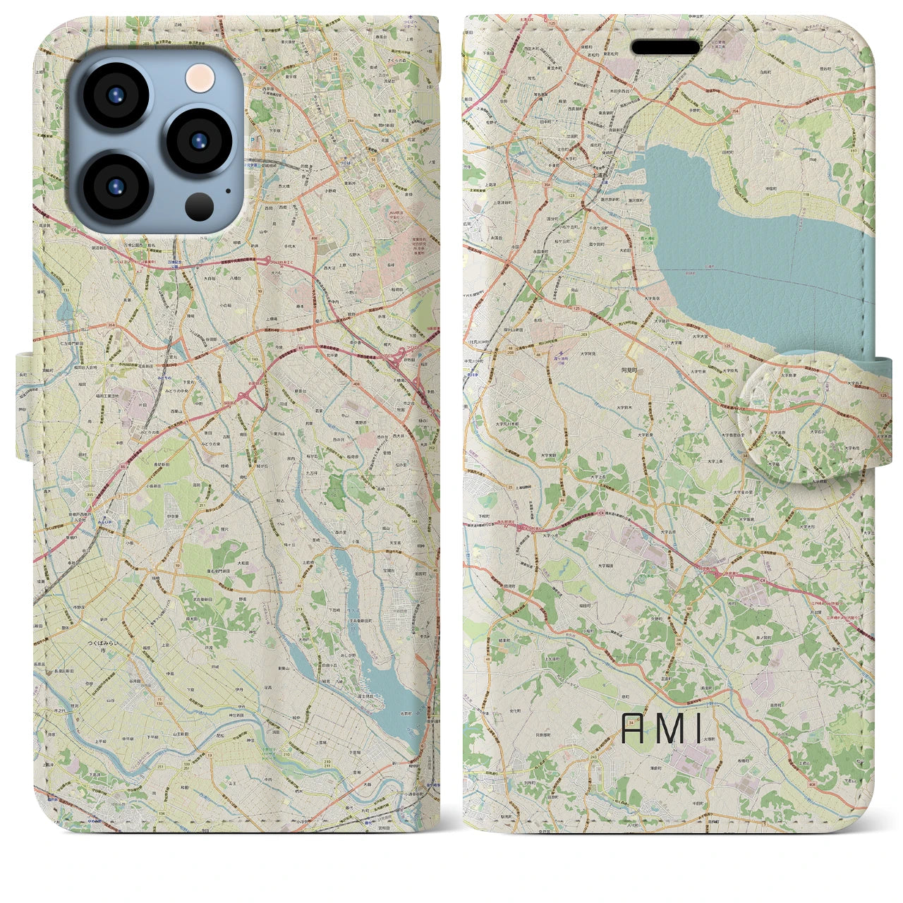 【阿見】地図柄iPhoneケース（手帳両面タイプ・ナチュラル）iPhone 13 Pro Max 用