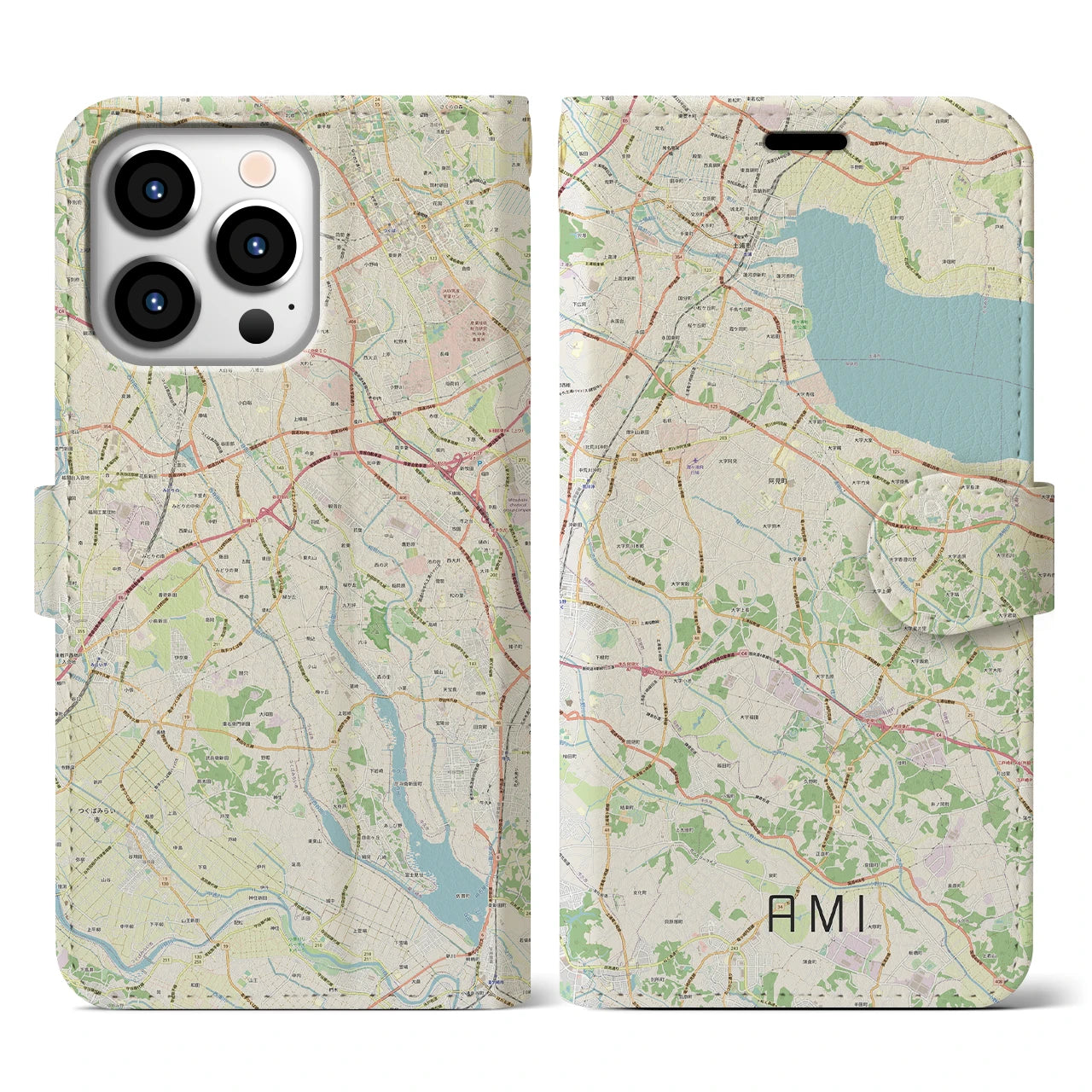 【阿見】地図柄iPhoneケース（手帳両面タイプ・ナチュラル）iPhone 13 Pro 用