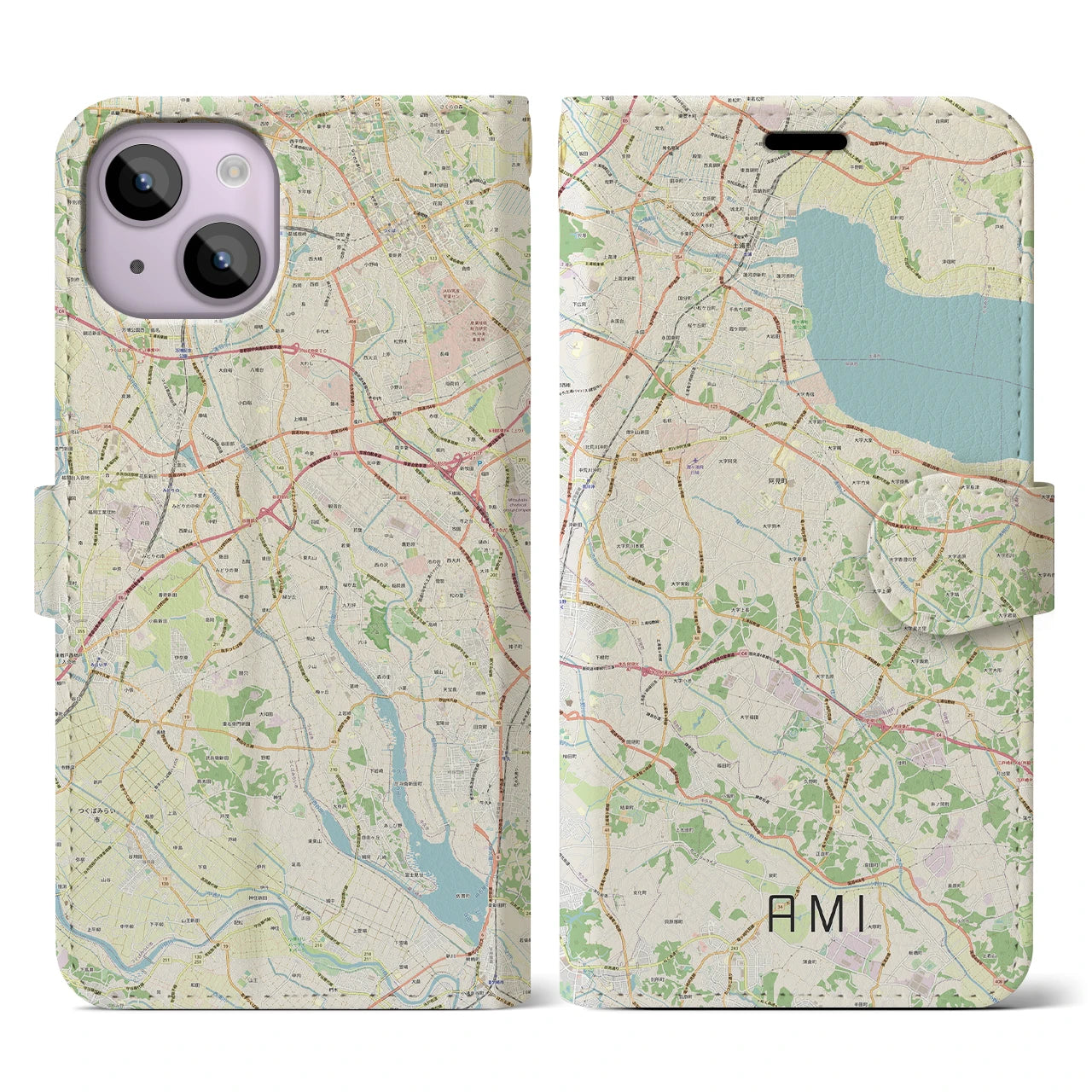 【阿見】地図柄iPhoneケース（手帳両面タイプ・ナチュラル）iPhone 14 用