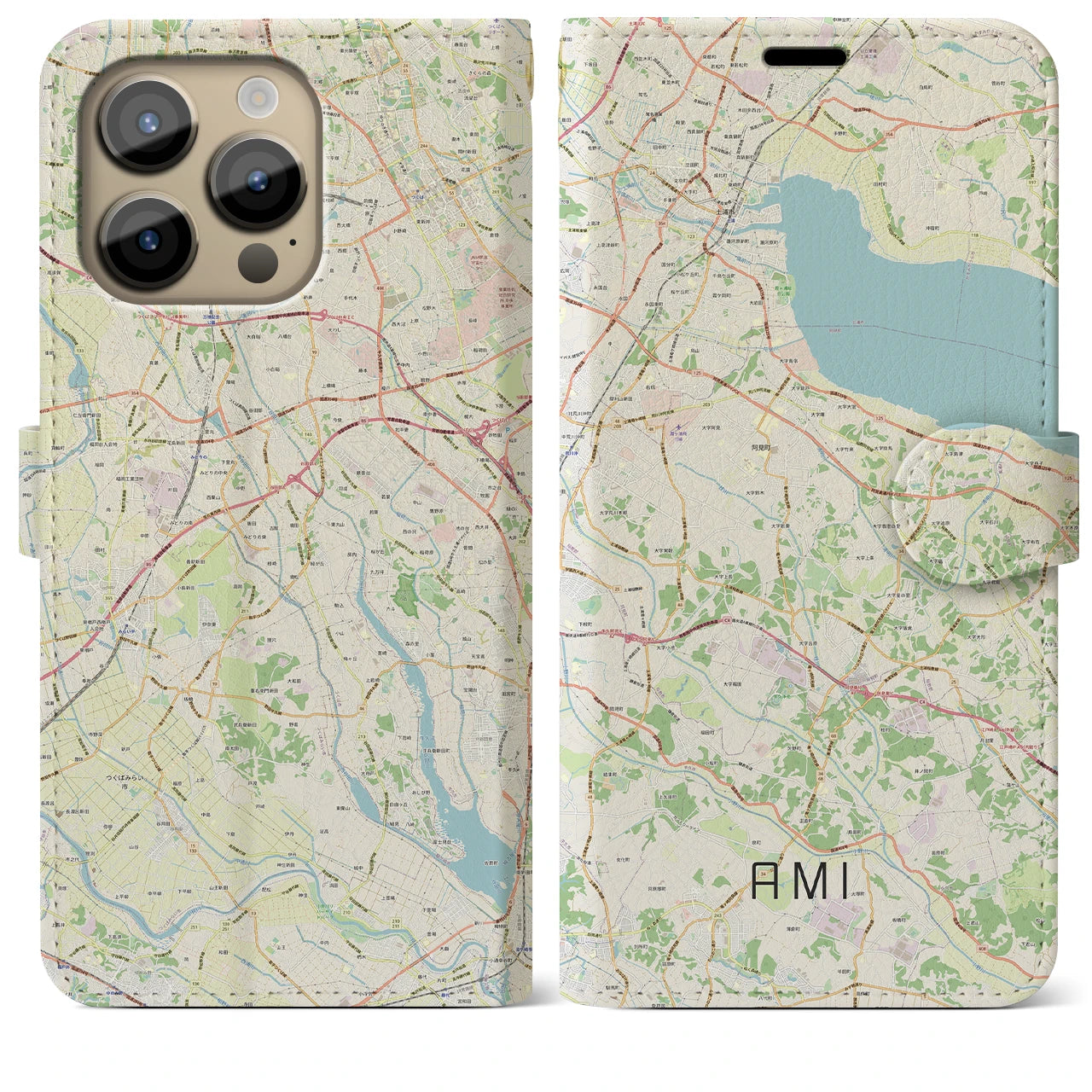 【阿見】地図柄iPhoneケース（手帳両面タイプ・ナチュラル）iPhone 14 Pro Max 用