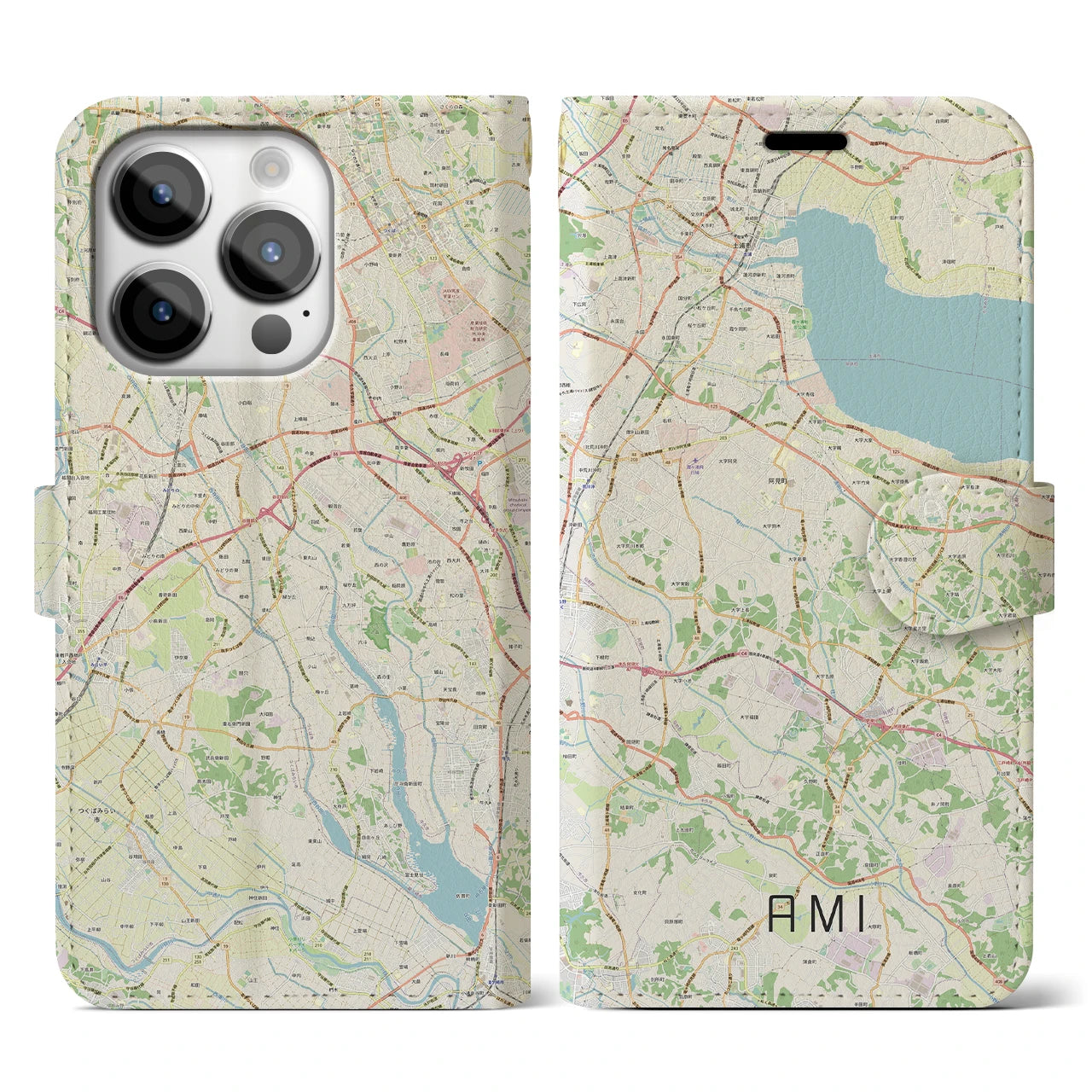 【阿見】地図柄iPhoneケース（手帳両面タイプ・ナチュラル）iPhone 14 Pro 用