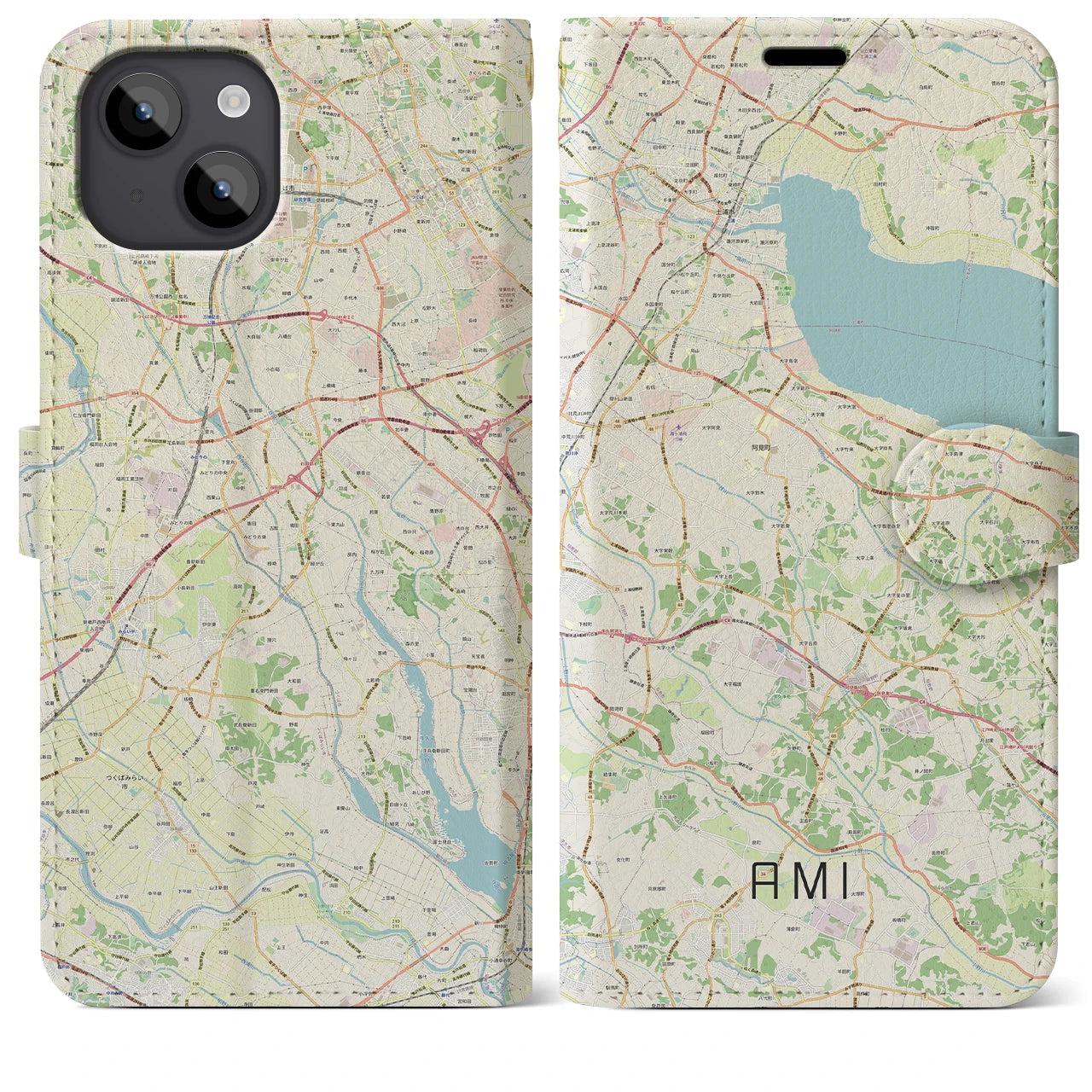 【阿見】地図柄iPhoneケース（手帳両面タイプ・ナチュラル）iPhone 14 Plus 用