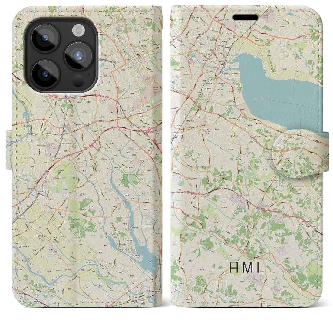 【阿見】地図柄iPhoneケース（手帳両面タイプ・ナチュラル）iPhone 15 Pro Max 用
