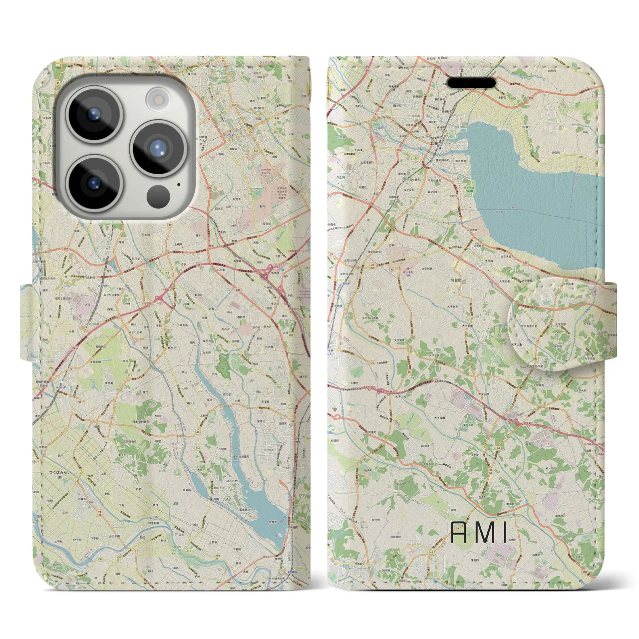 【阿見】地図柄iPhoneケース（手帳両面タイプ・ナチュラル）iPhone 15 Pro 用