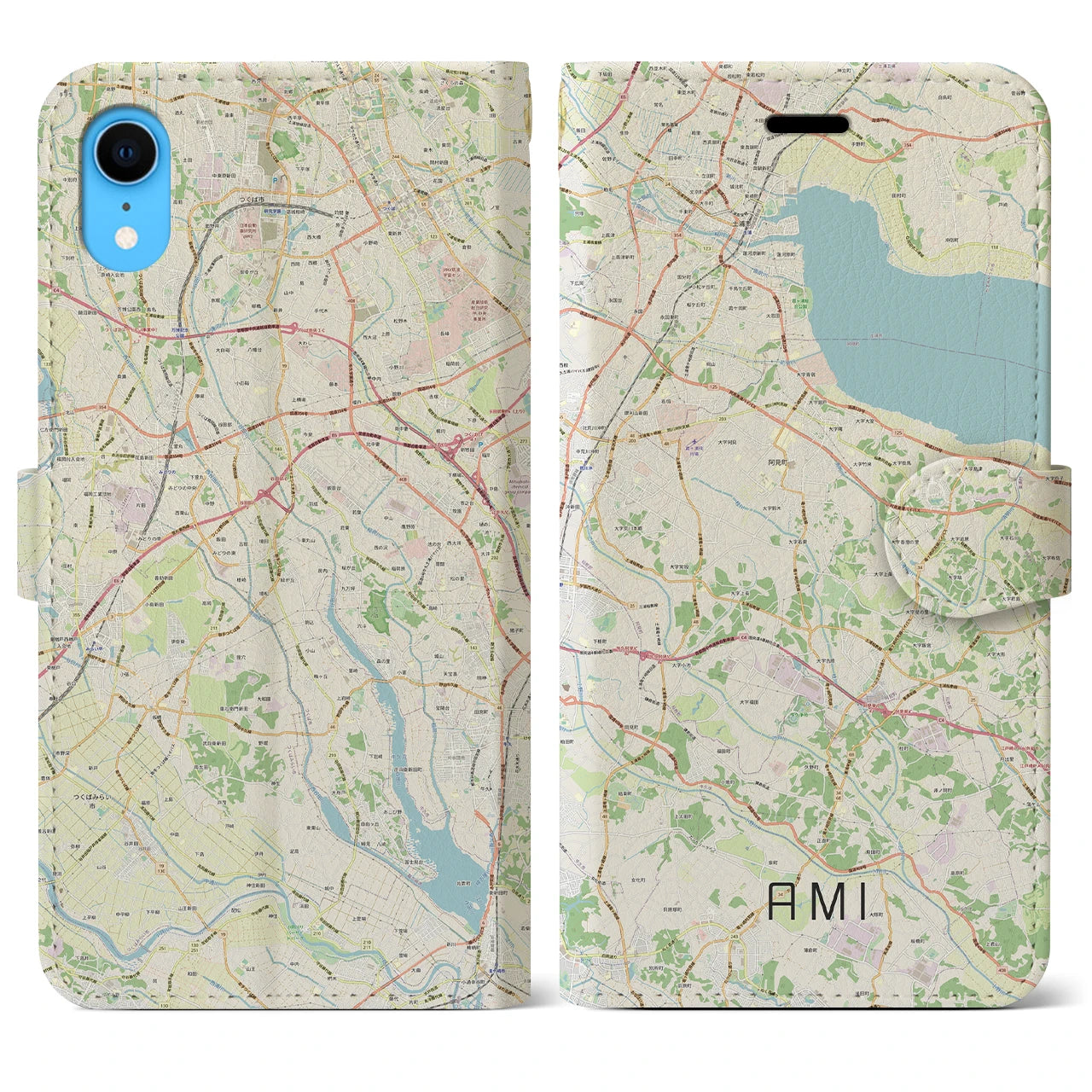 【阿見】地図柄iPhoneケース（手帳両面タイプ・ナチュラル）iPhone XR 用