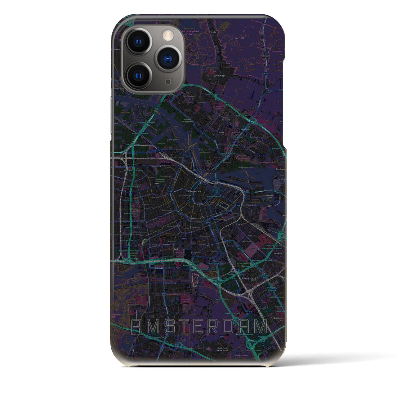 【アムステルダム】地図柄iPhoneケース（バックカバータイプ・ブラック）iPhone 11 Pro Max 用