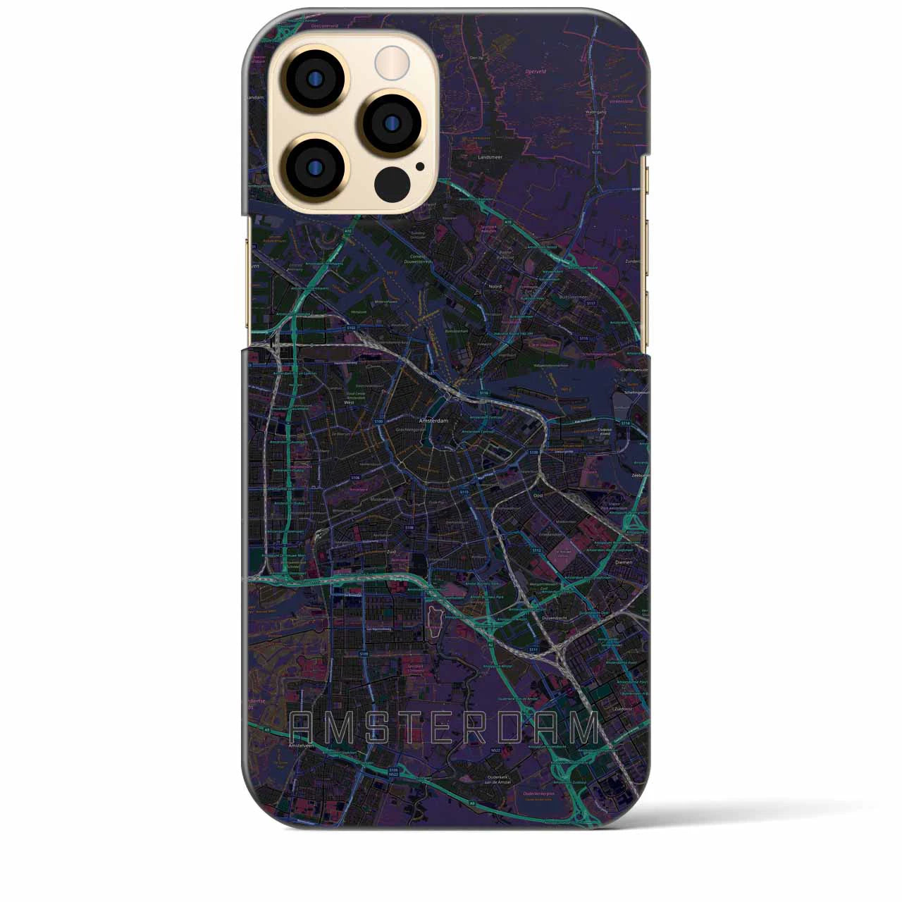 【アムステルダム】地図柄iPhoneケース（バックカバータイプ・ブラック）iPhone 12 Pro Max 用