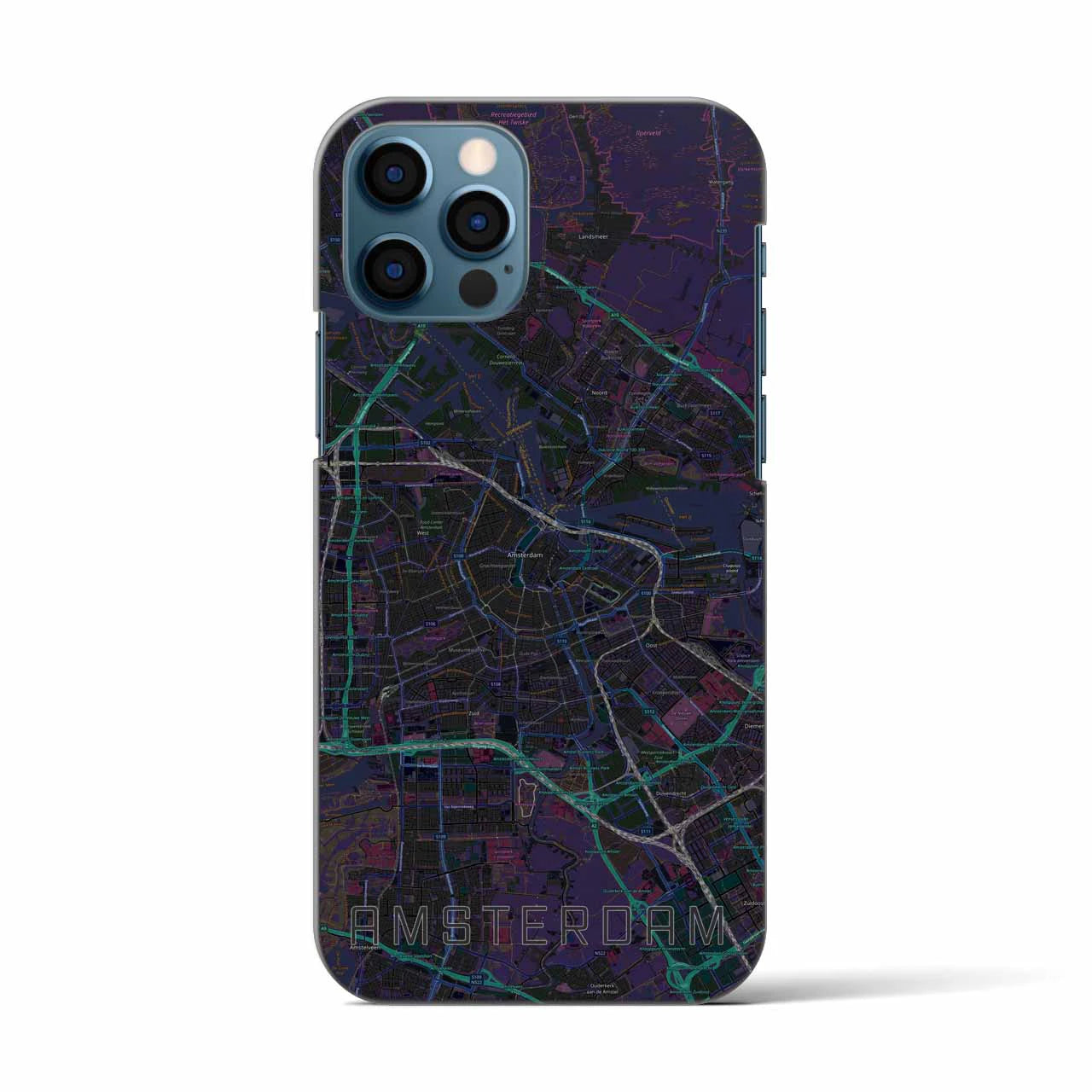 【アムステルダム】地図柄iPhoneケース（バックカバータイプ・ブラック）iPhone 12 / 12 Pro 用