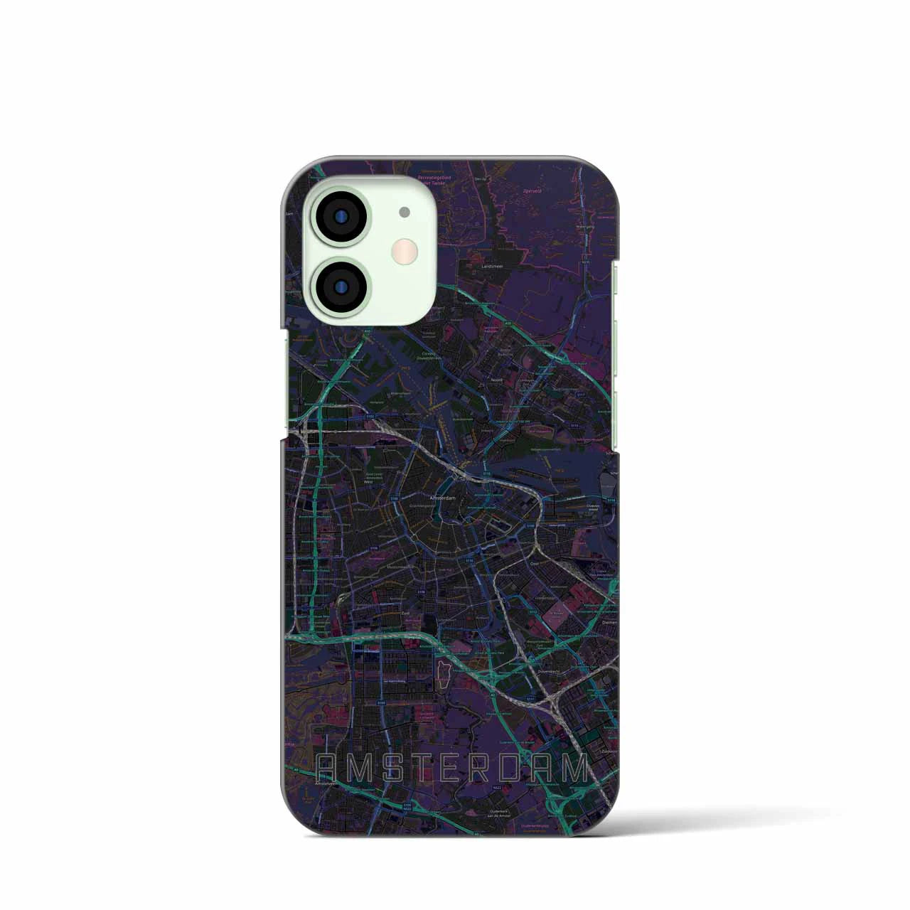 【アムステルダム】地図柄iPhoneケース（バックカバータイプ・ブラック）iPhone 12 mini 用
