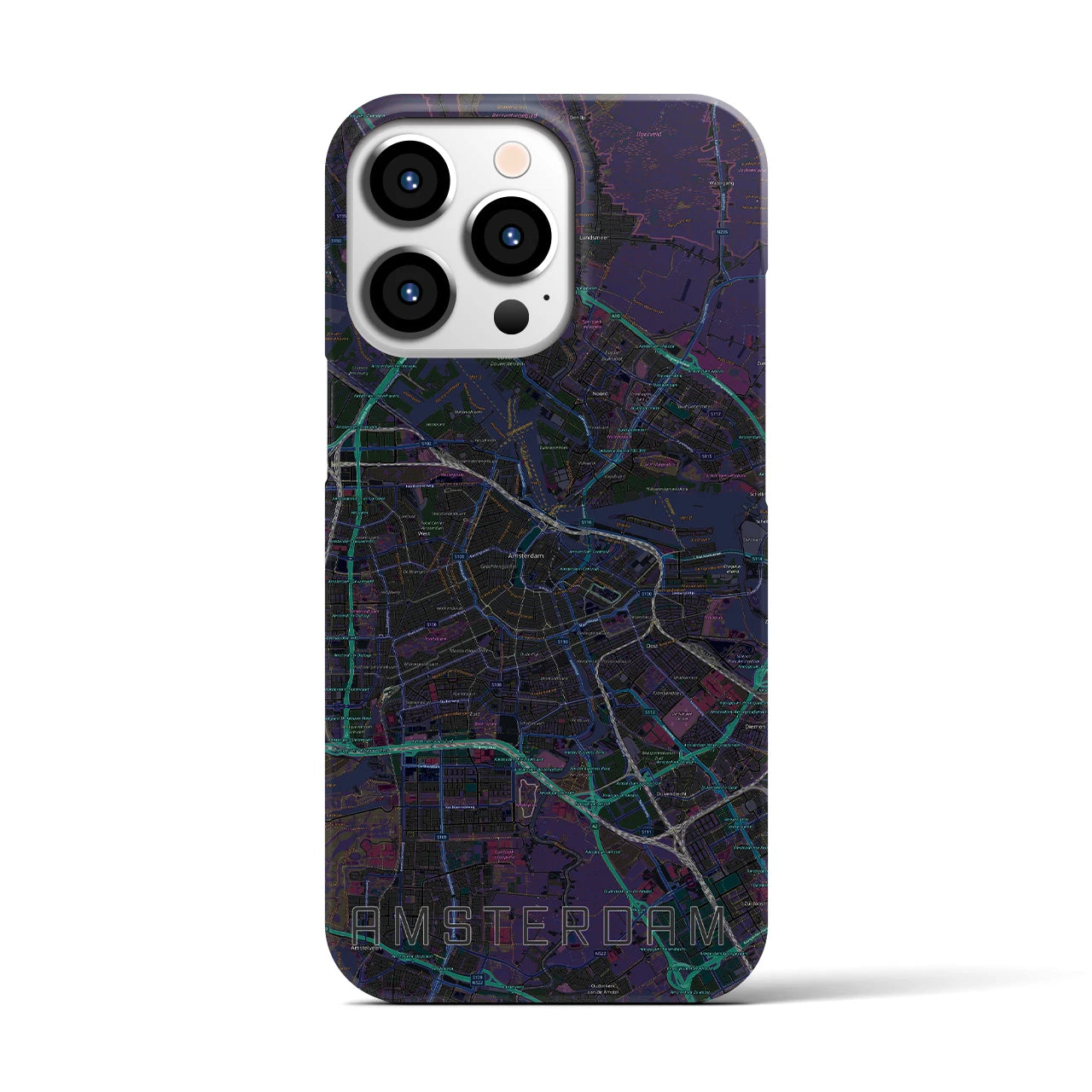 【アムステルダム】地図柄iPhoneケース（バックカバータイプ・ブラック）iPhone 13 Pro 用