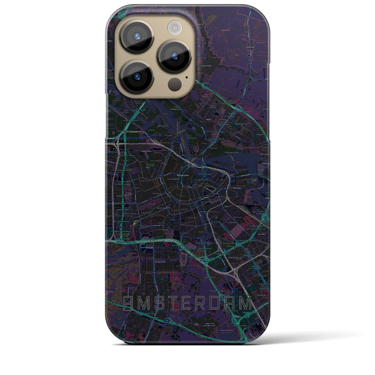 【アムステルダム】地図柄iPhoneケース（バックカバータイプ・ブラック）iPhone 14 Pro Max 用