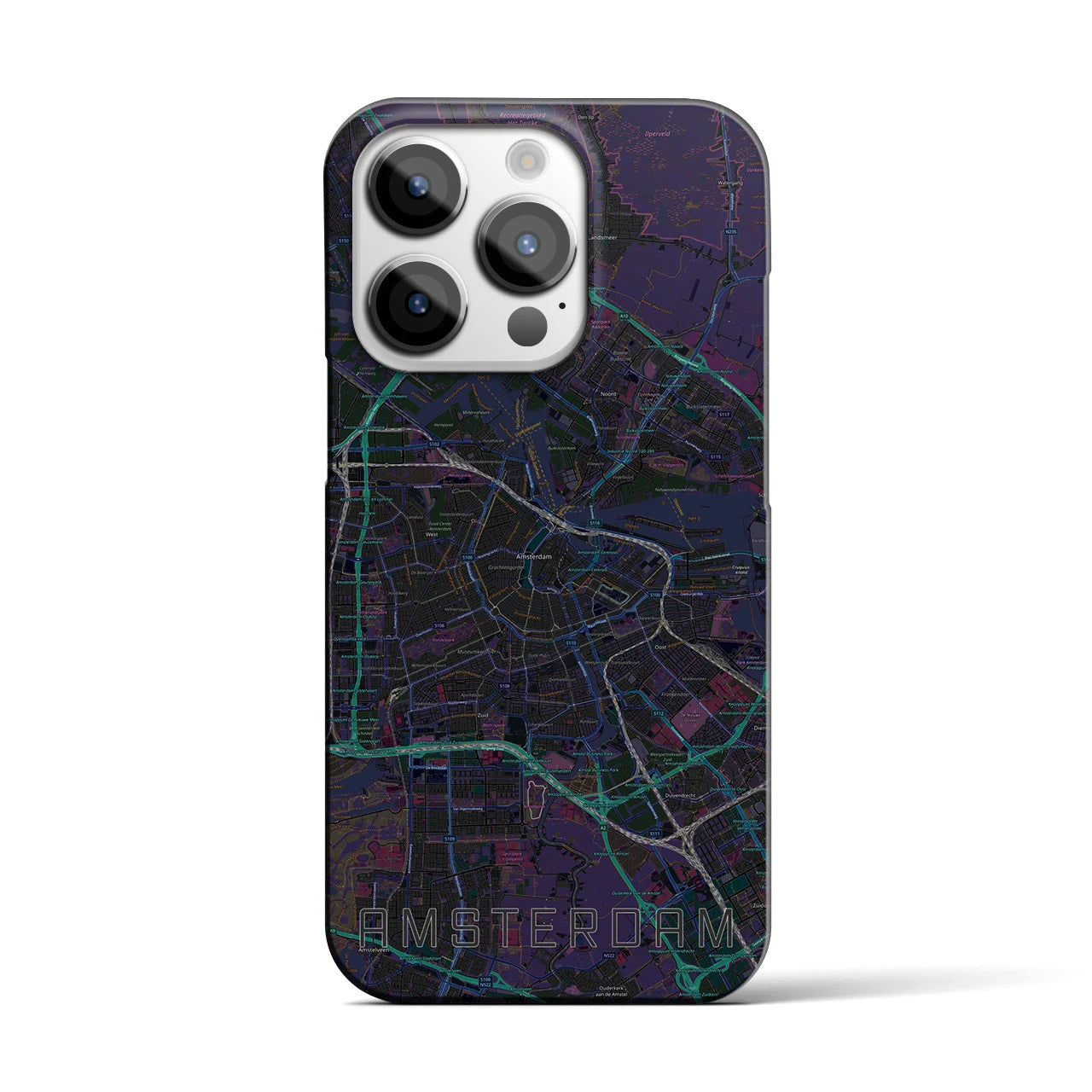 【アムステルダム】地図柄iPhoneケース（バックカバータイプ・ブラック）iPhone 14 Pro 用