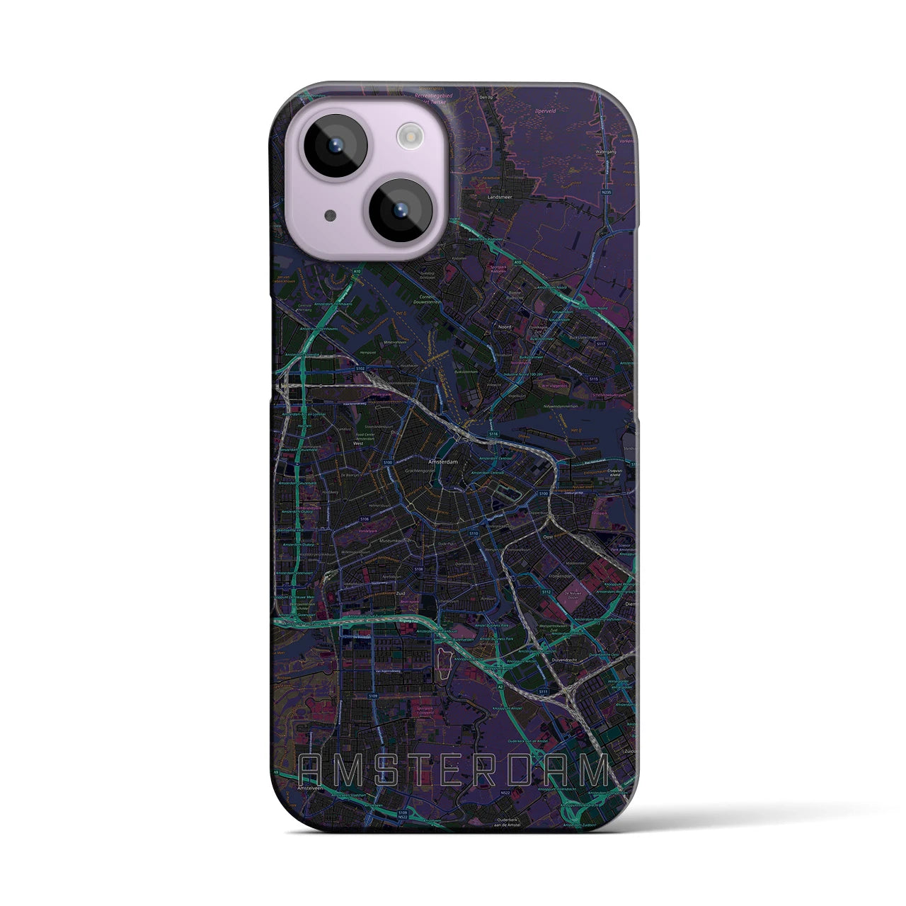 【アムステルダム】地図柄iPhoneケース（バックカバータイプ・ブラック）iPhone 14 用