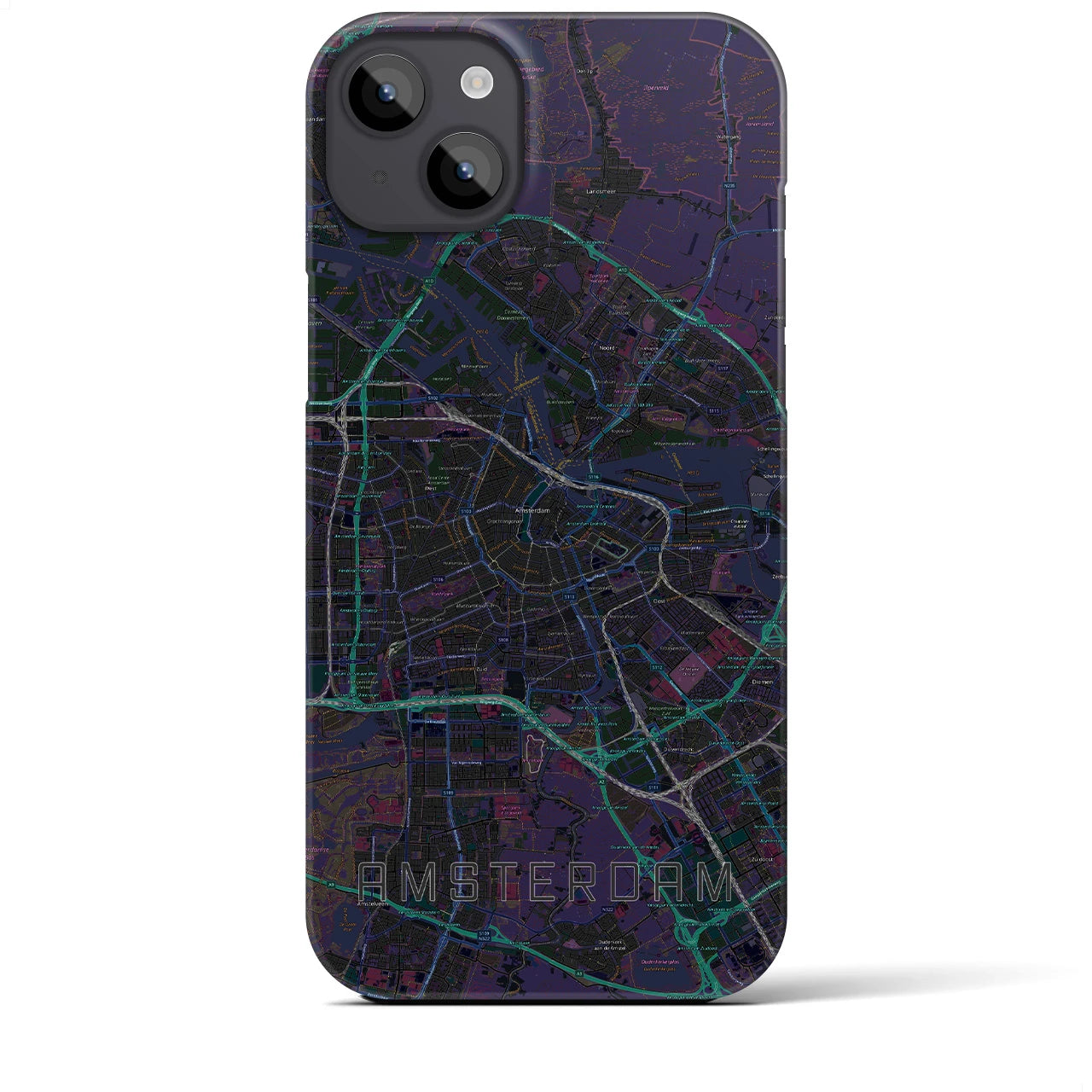 【アムステルダム】地図柄iPhoneケース（バックカバータイプ・ブラック）iPhone 14 Plus 用
