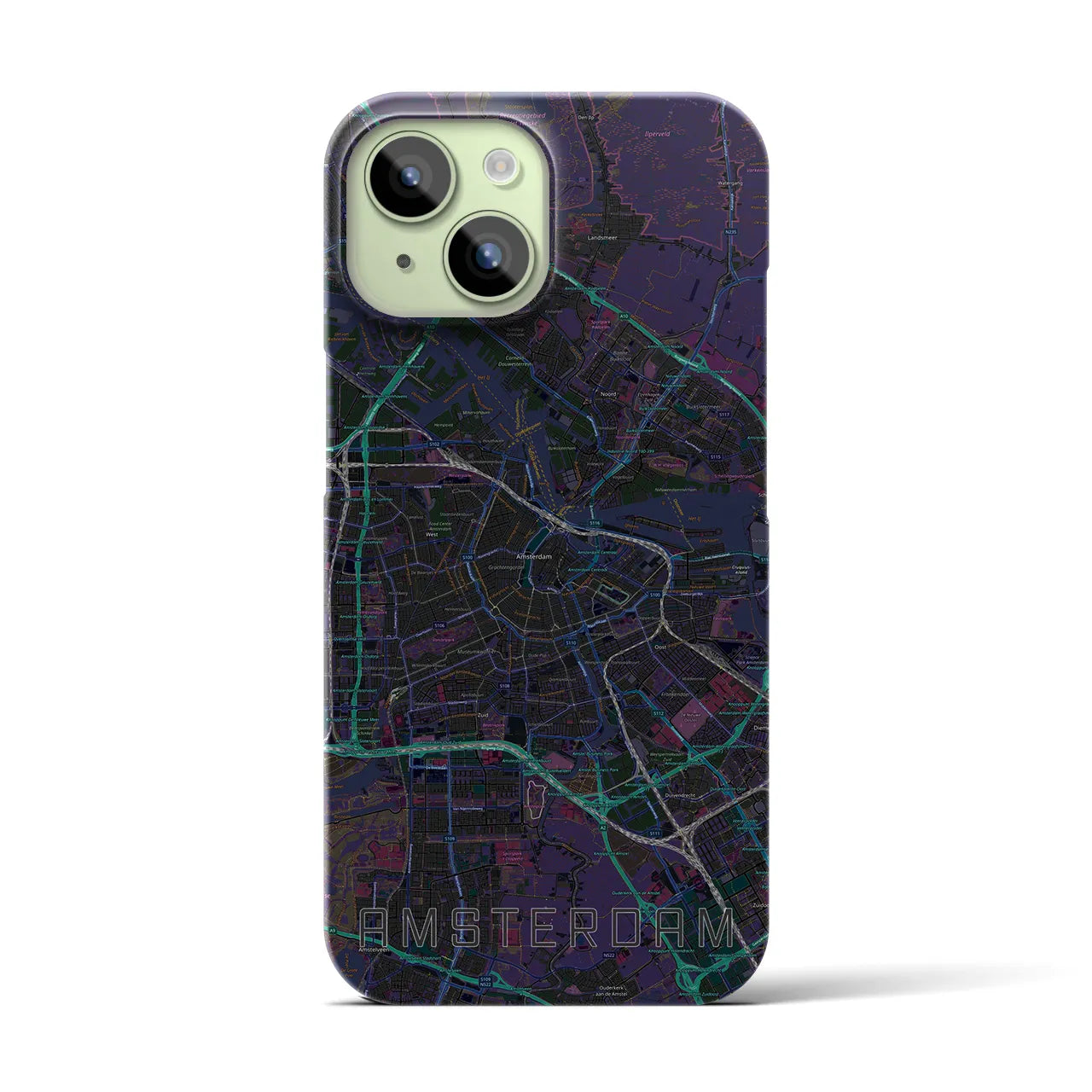 【アムステルダム】地図柄iPhoneケース（バックカバータイプ・ブラック）iPhone 15 用