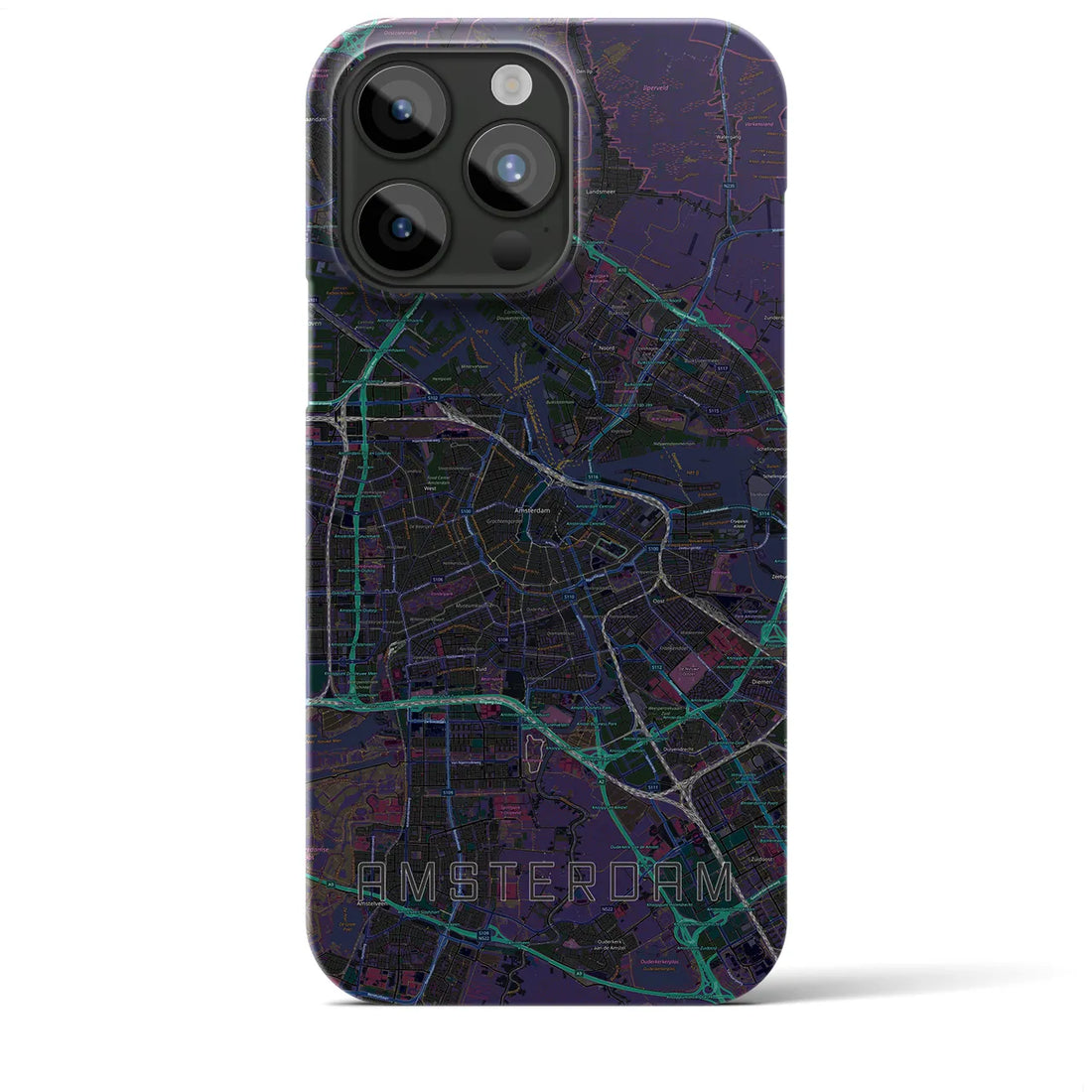 【アムステルダム】地図柄iPhoneケース（バックカバータイプ・ブラック）iPhone 15 Pro Max 用