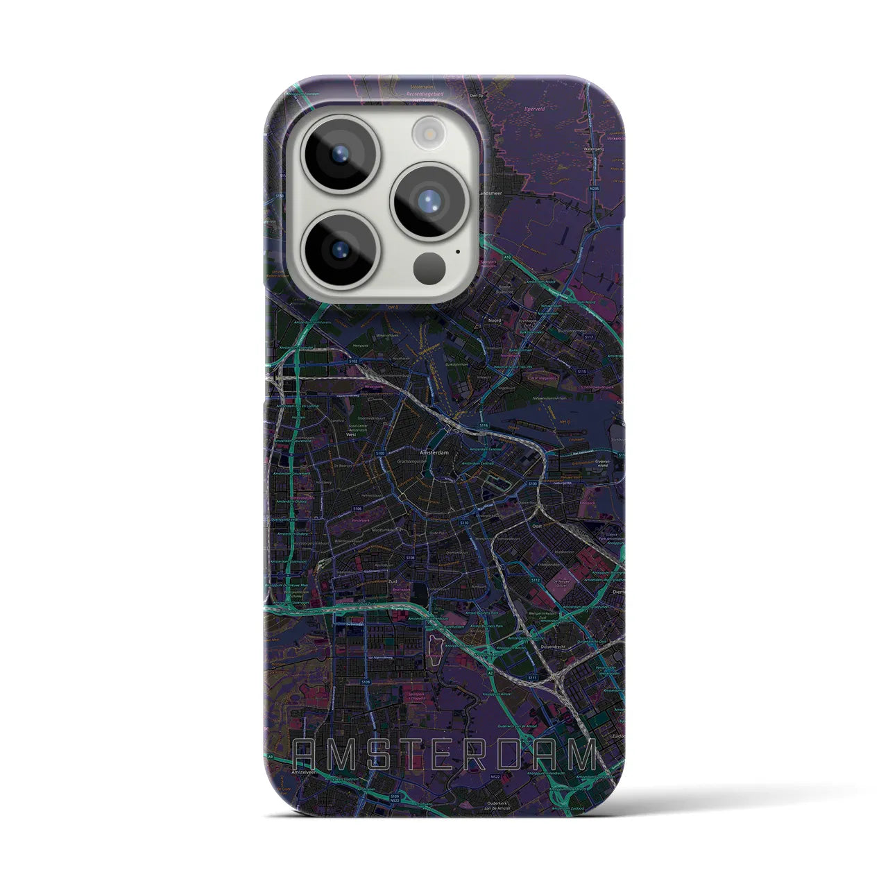 【アムステルダム】地図柄iPhoneケース（バックカバータイプ・ブラック）iPhone 15 Pro 用