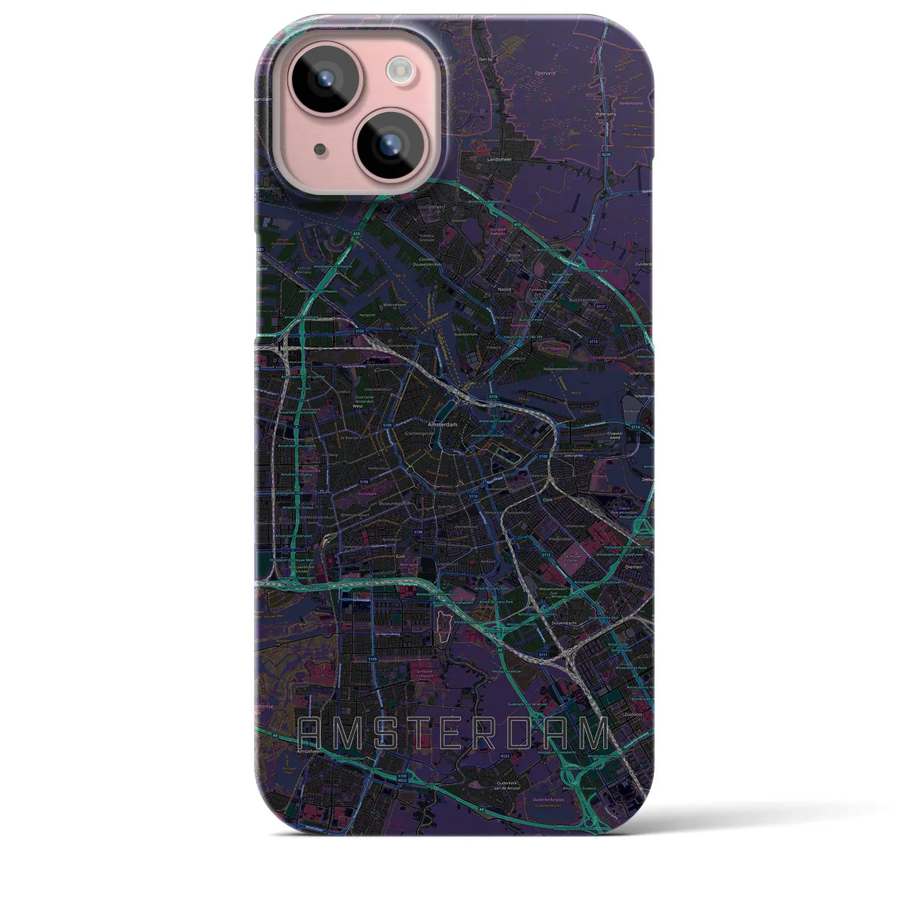 【アムステルダム】地図柄iPhoneケース（バックカバータイプ・ブラック）iPhone 15 Plus 用