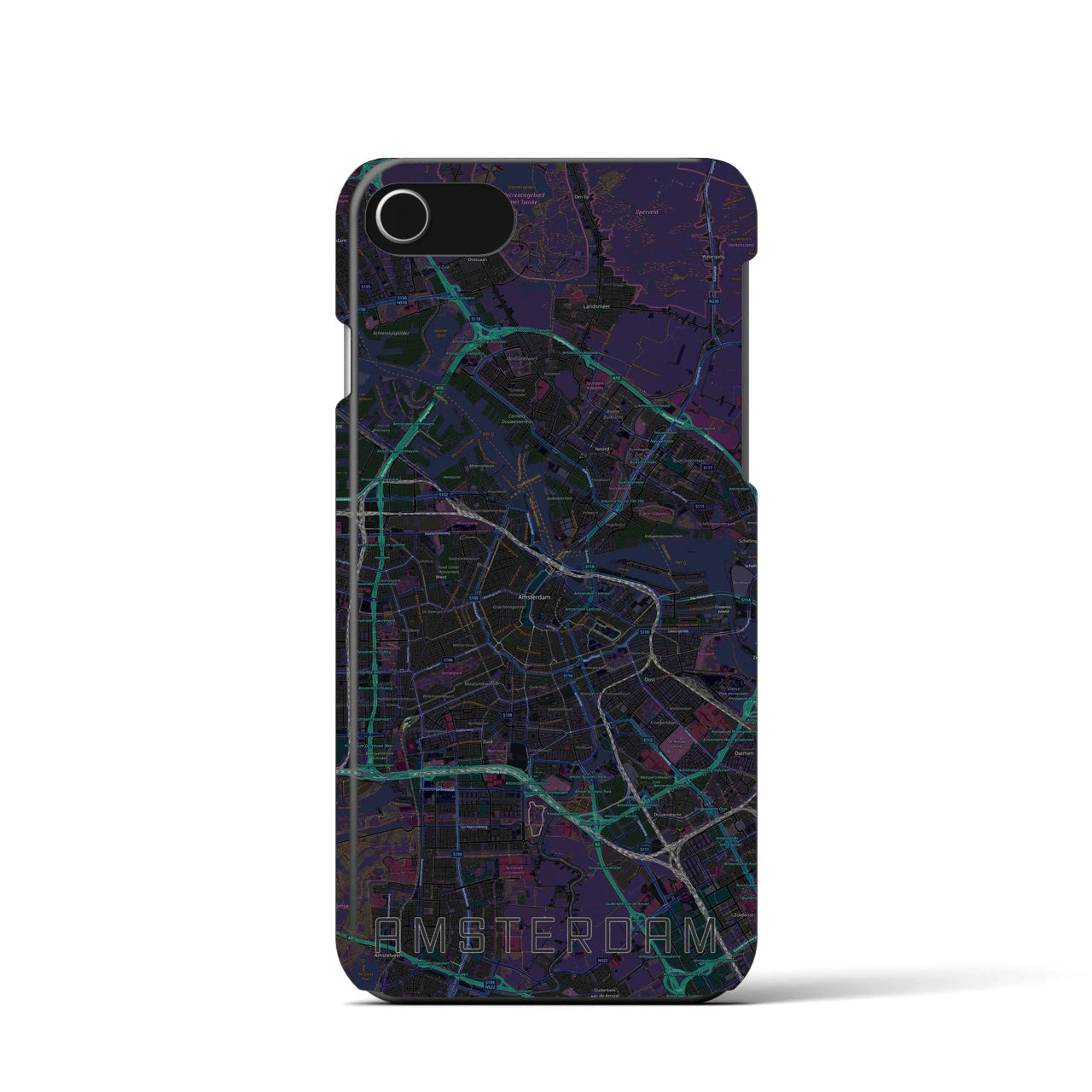 【アムステルダム】地図柄iPhoneケース（バックカバータイプ・ブラック）iPhone SE（第3 / 第2世代） / 8 / 7 / 6s / 6 用