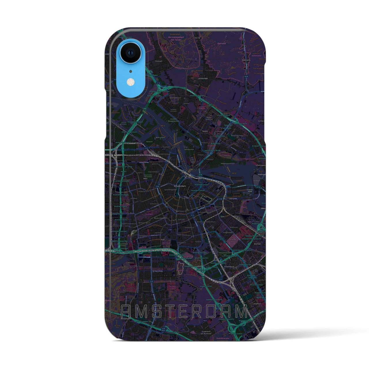 【アムステルダム】地図柄iPhoneケース（バックカバータイプ・ブラック）iPhone XR 用