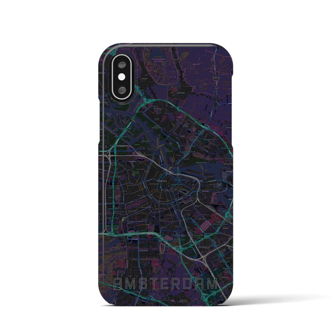 【アムステルダム】地図柄iPhoneケース（バックカバータイプ・ブラック）iPhone XS / X 用