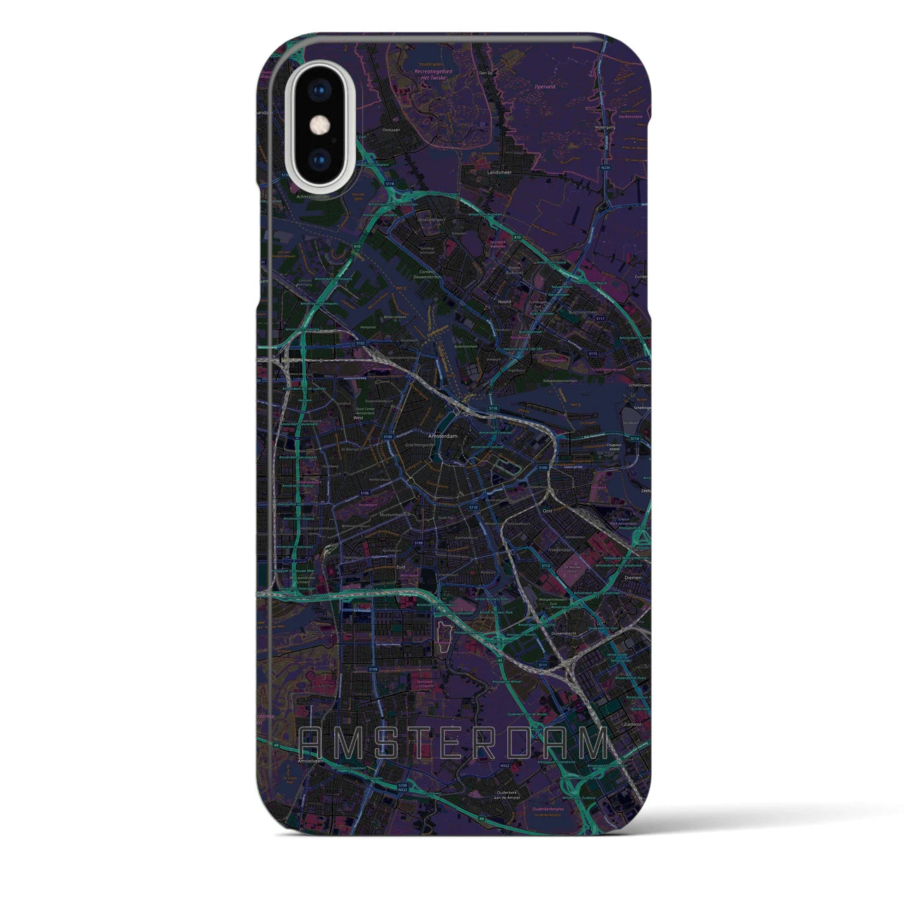 【アムステルダム】地図柄iPhoneケース（バックカバータイプ・ブラック）iPhone XS Max 用