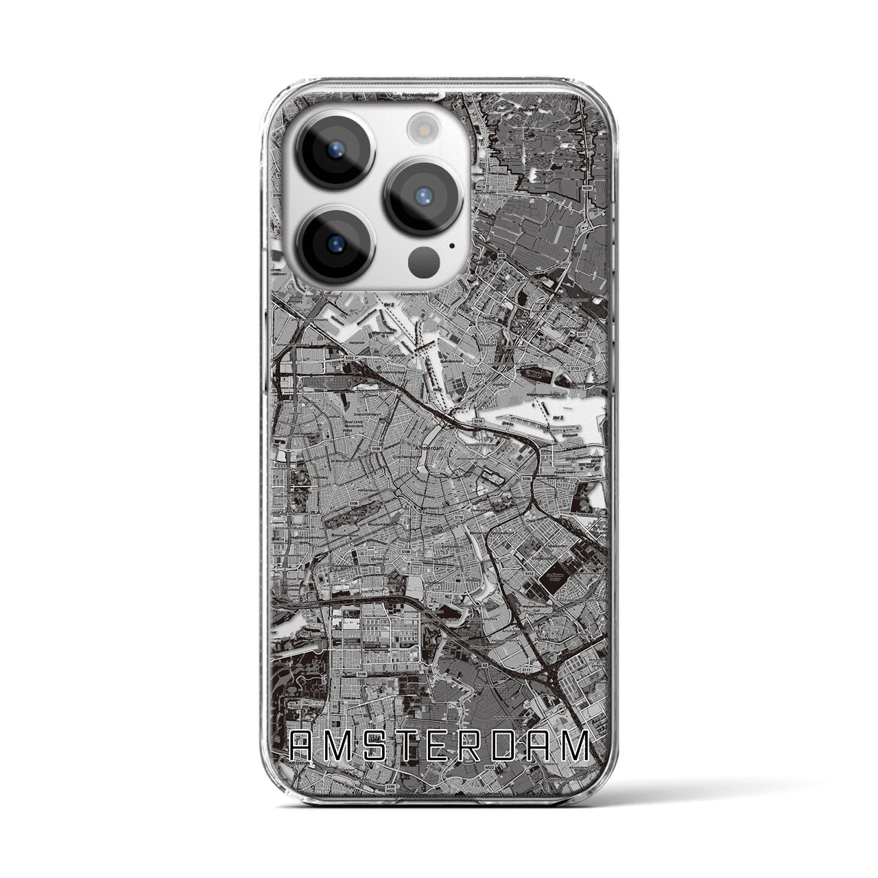 【アムステルダム】地図柄iPhoneケース（クリアタイプ・モノトーン）iPhone 14 Pro 用
