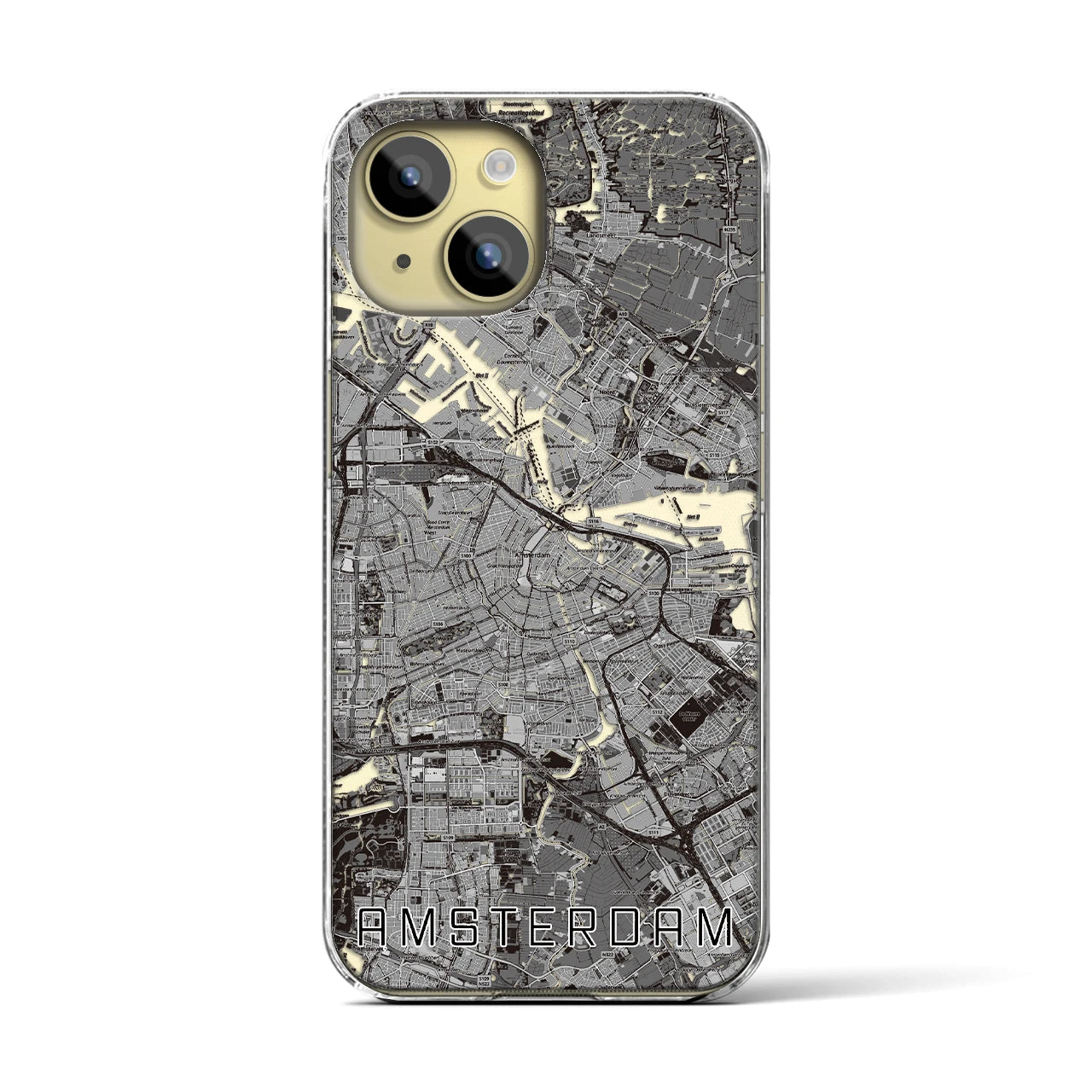 【アムステルダム】地図柄iPhoneケース（クリアタイプ・モノトーン）iPhone 15 用