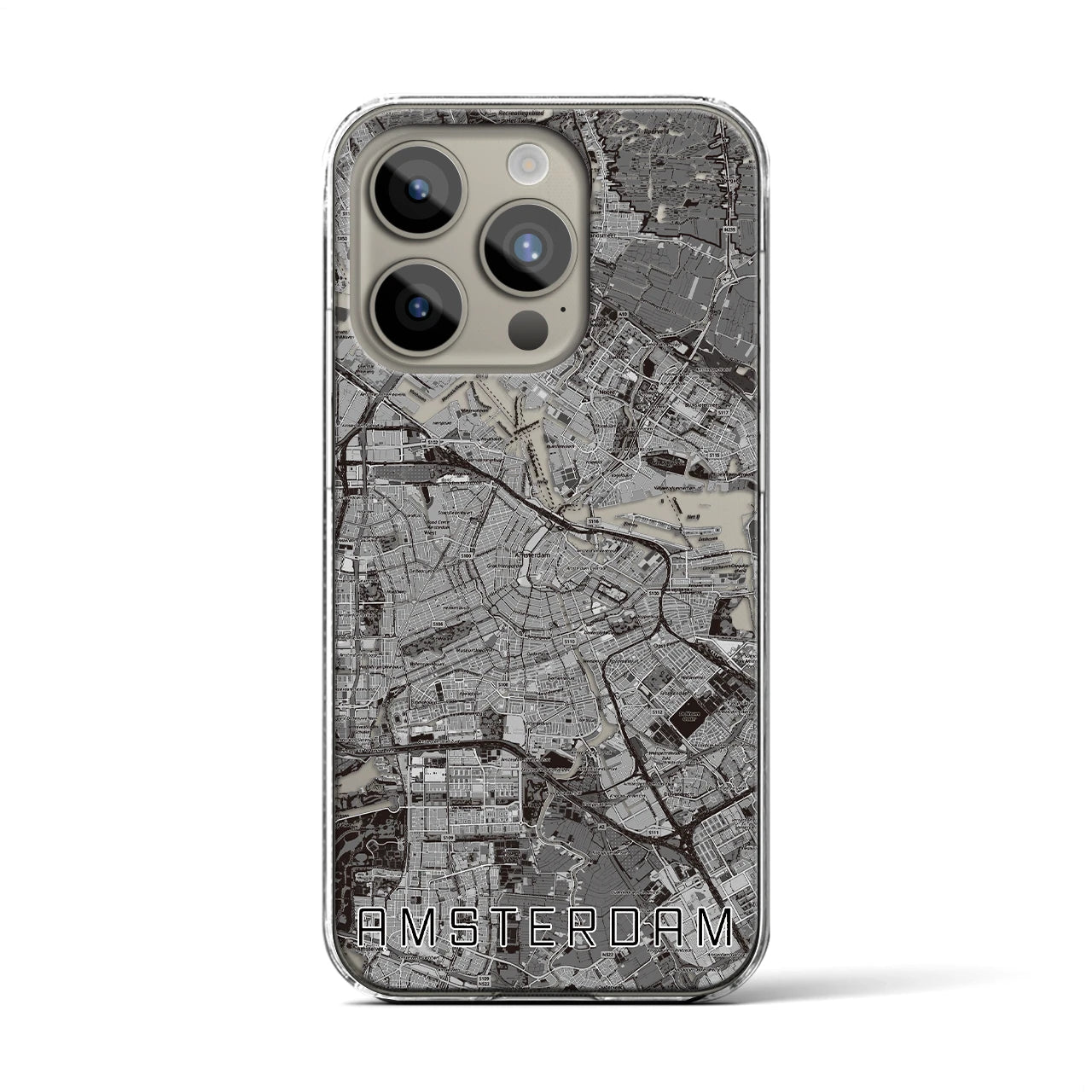 【アムステルダム】地図柄iPhoneケース（クリアタイプ・モノトーン）iPhone 15 Pro 用