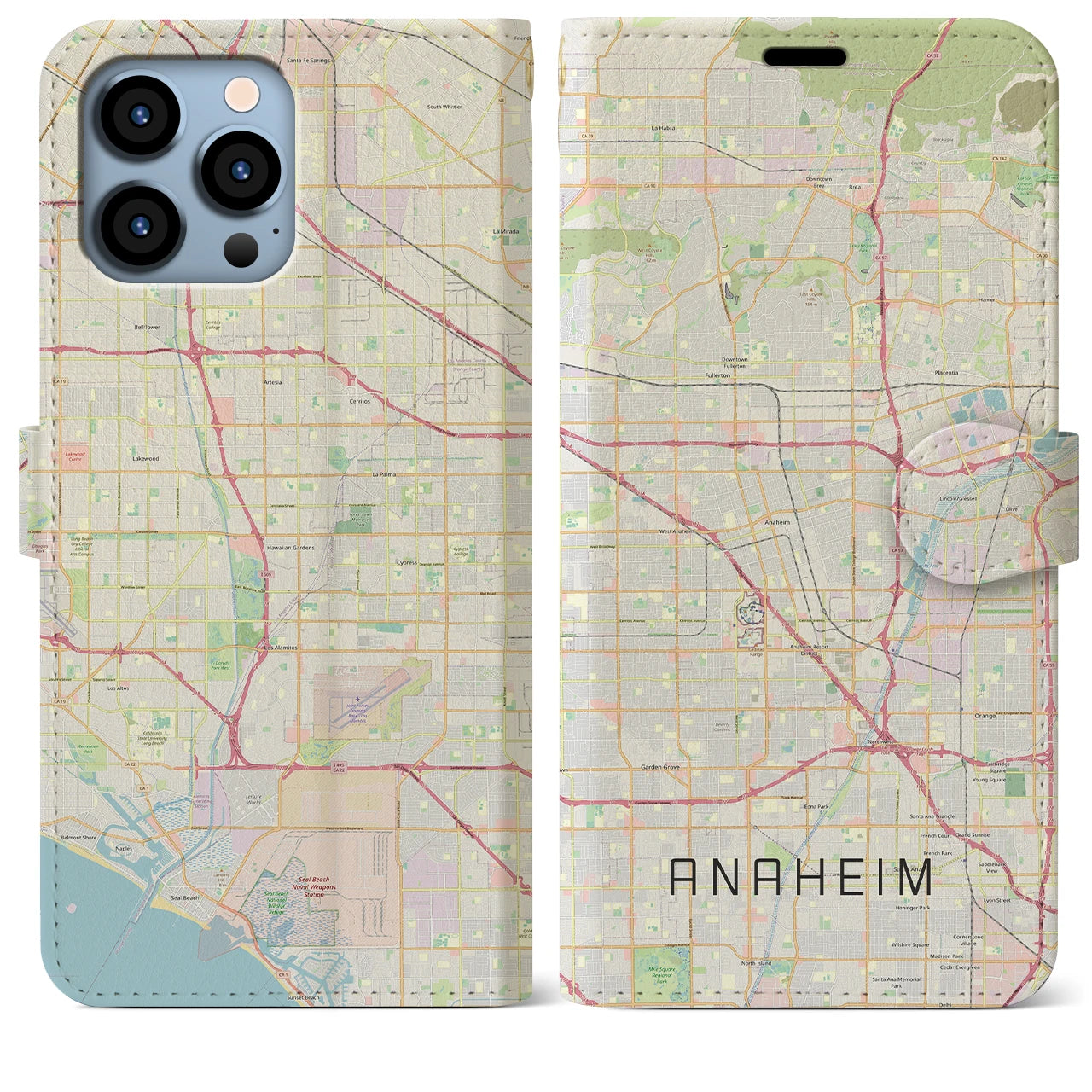 【アナハイム】地図柄iPhoneケース（手帳両面タイプ・ナチュラル）iPhone 13 Pro Max 用