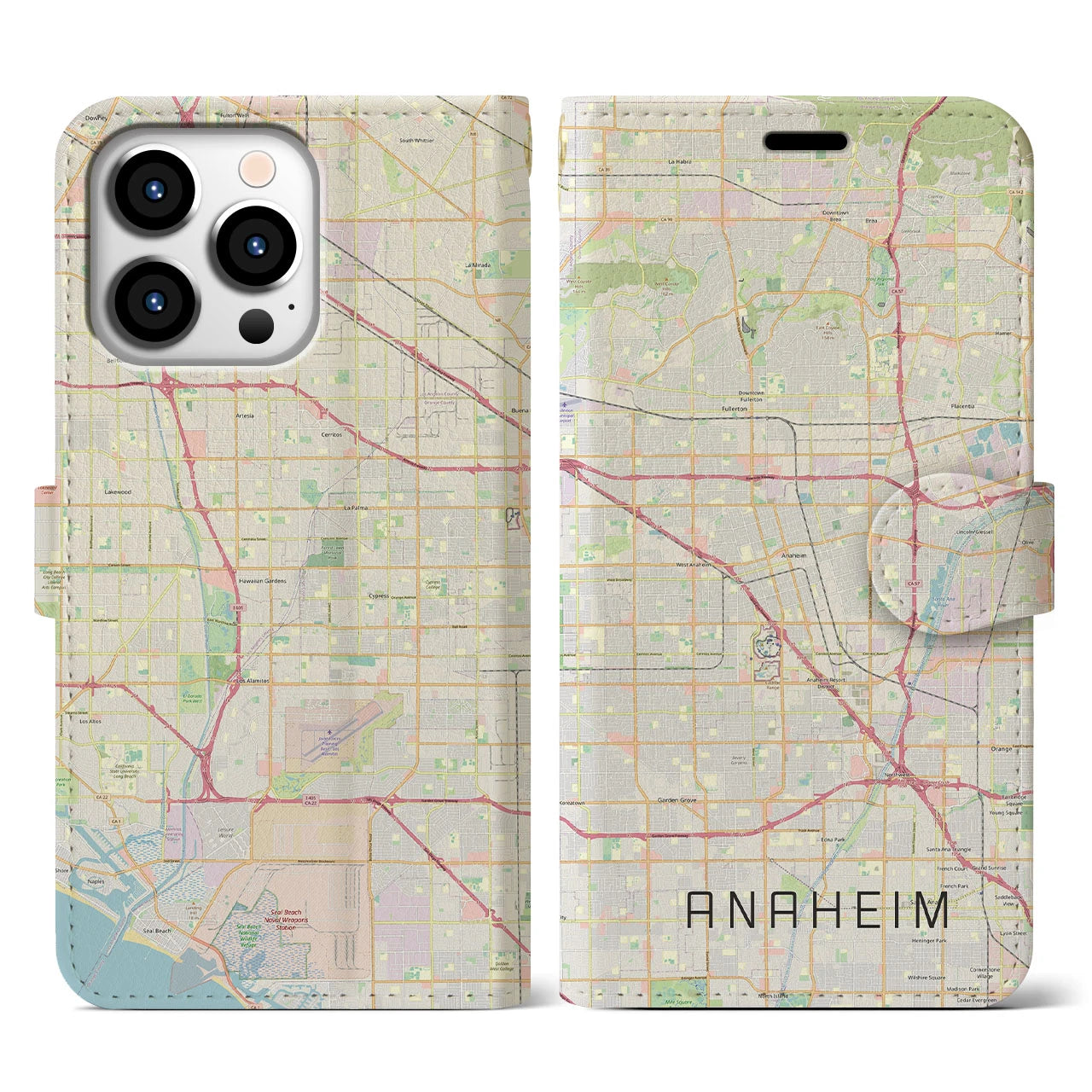 【アナハイム】地図柄iPhoneケース（手帳両面タイプ・ナチュラル）iPhone 13 Pro 用