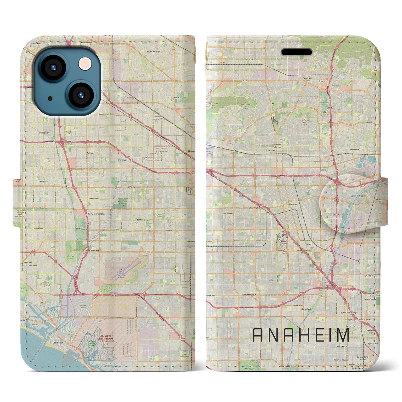 【アナハイム】地図柄iPhoneケース（手帳両面タイプ・ナチュラル）iPhone 13 用