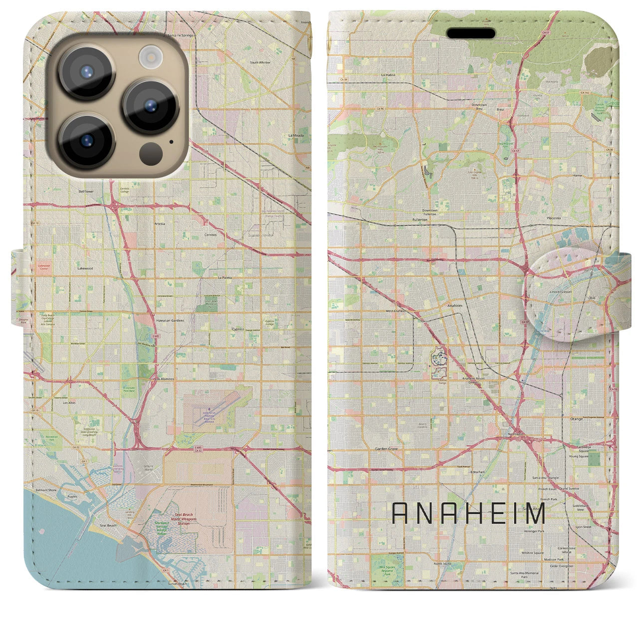 【アナハイム】地図柄iPhoneケース（手帳両面タイプ・ナチュラル）iPhone 14 Pro Max 用