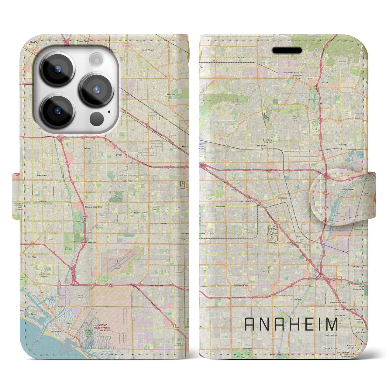 【アナハイム】地図柄iPhoneケース（手帳両面タイプ・ナチュラル）iPhone 14 Pro 用