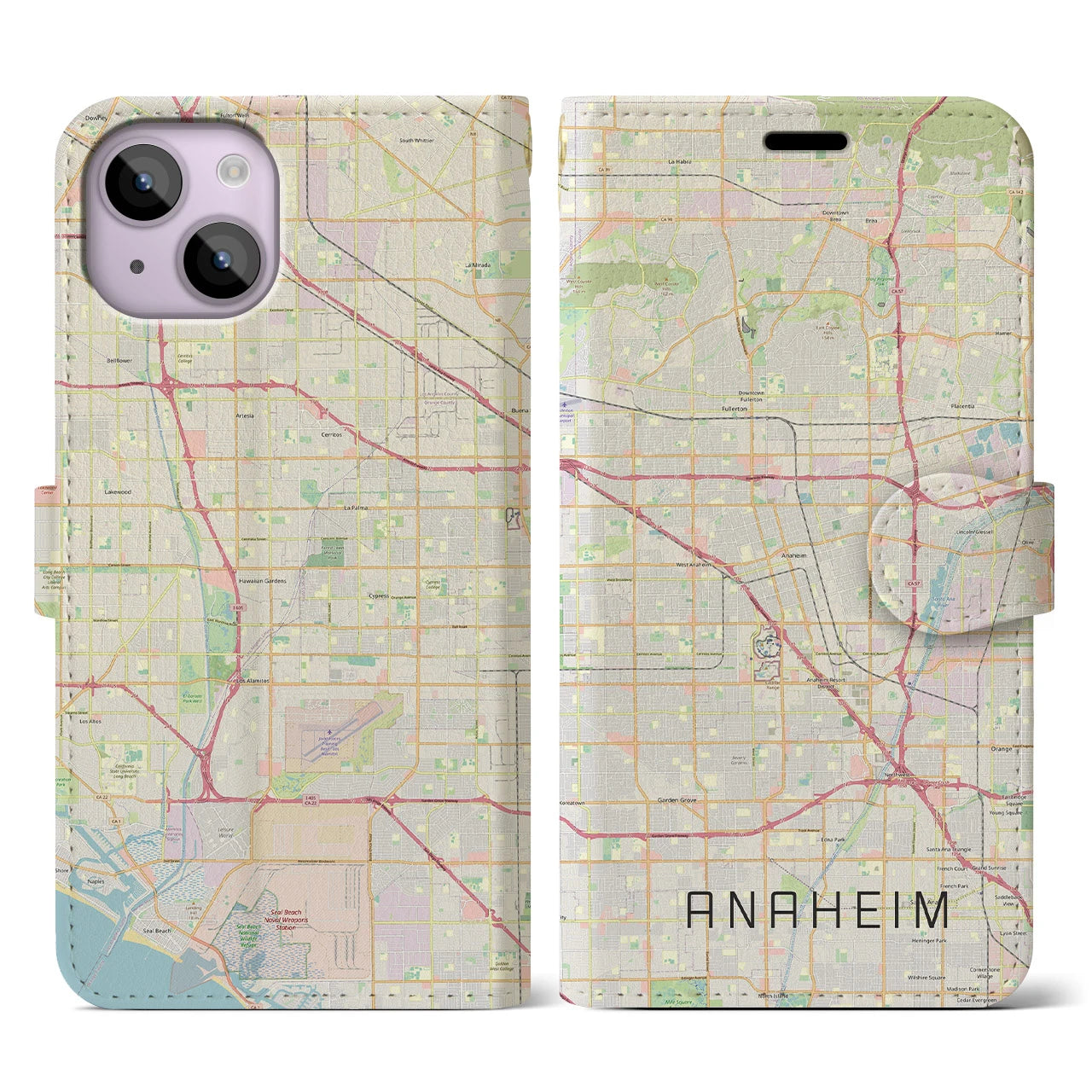 【アナハイム】地図柄iPhoneケース（手帳両面タイプ・ナチュラル）iPhone 14 用
