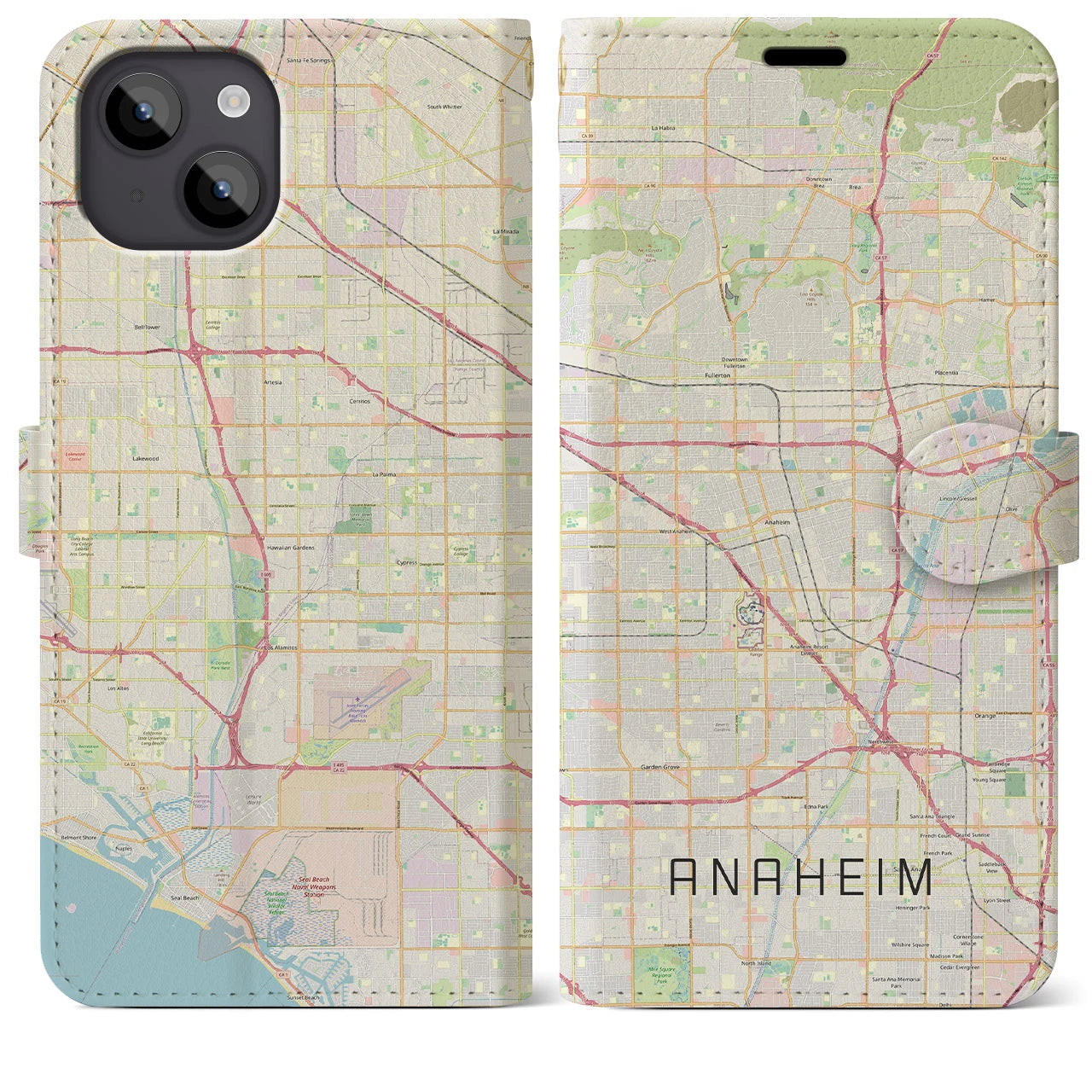 【アナハイム】地図柄iPhoneケース（手帳両面タイプ・ナチュラル）iPhone 14 Plus 用
