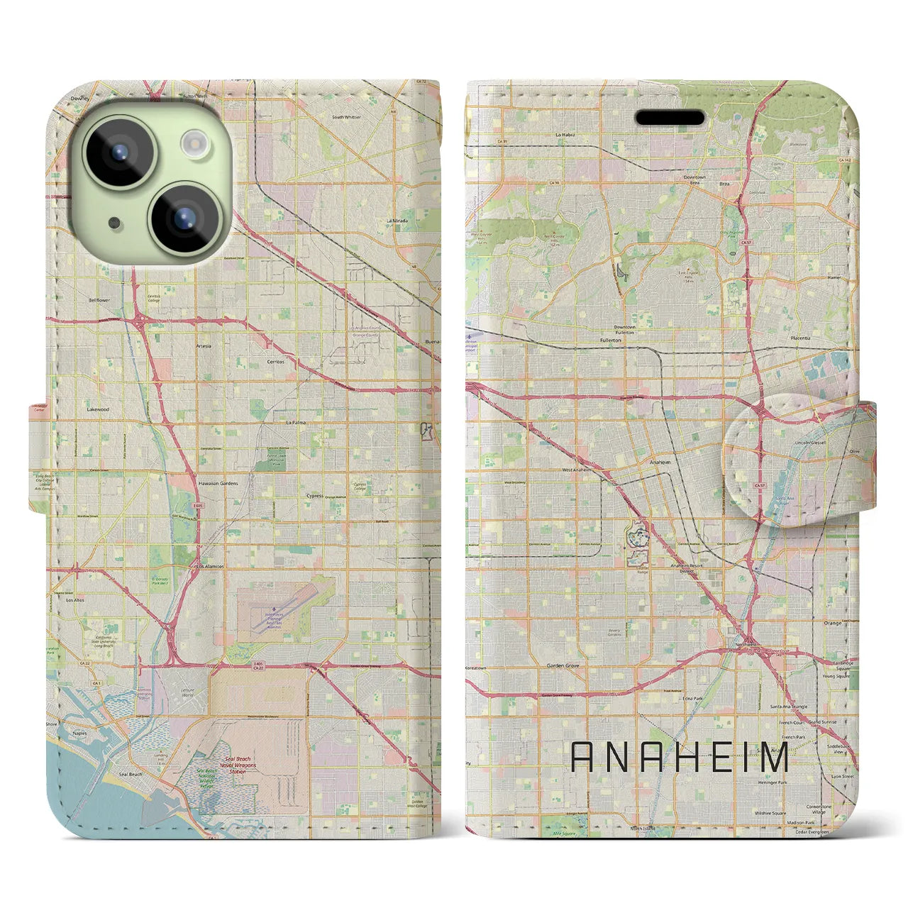 【アナハイム】地図柄iPhoneケース（手帳両面タイプ・ナチュラル）iPhone 15 用