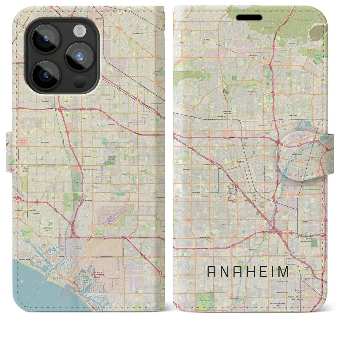【アナハイム】地図柄iPhoneケース（手帳両面タイプ・ナチュラル）iPhone 15 Pro Max 用