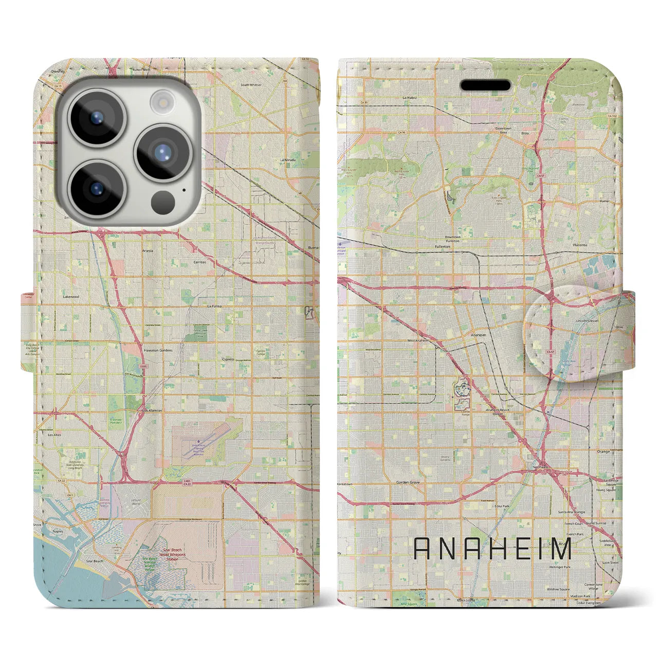 【アナハイム】地図柄iPhoneケース（手帳両面タイプ・ナチュラル）iPhone 15 Pro 用