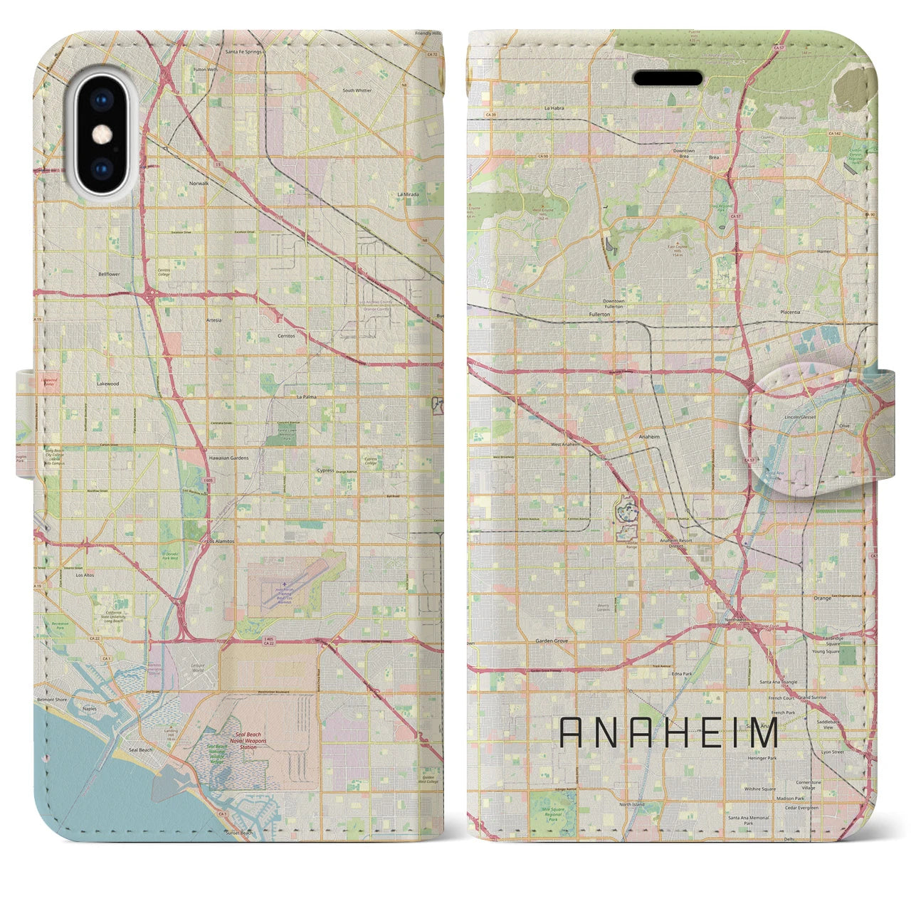 【アナハイム】地図柄iPhoneケース（手帳両面タイプ・ナチュラル）iPhone XS Max 用