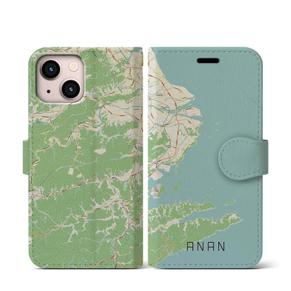 【阿南（徳島県）】地図柄iPhoneケース（手帳タイプ）ナチュラル・iPhone 13 mini 用